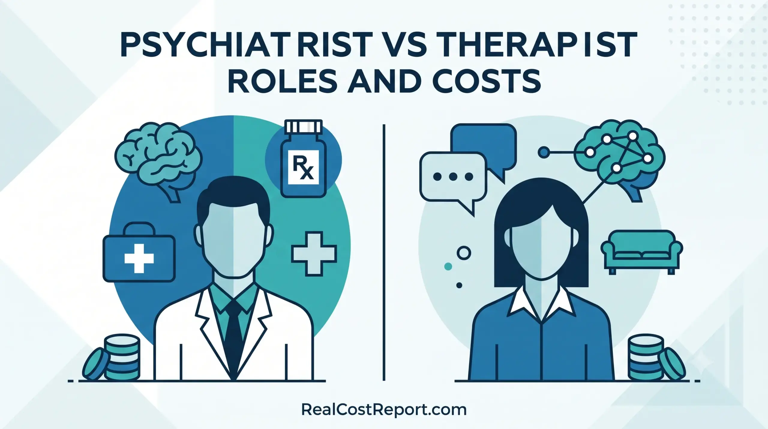 A comparison infographic in blue and teal showing a psychiatrist with medicine and a therapist with a couch.