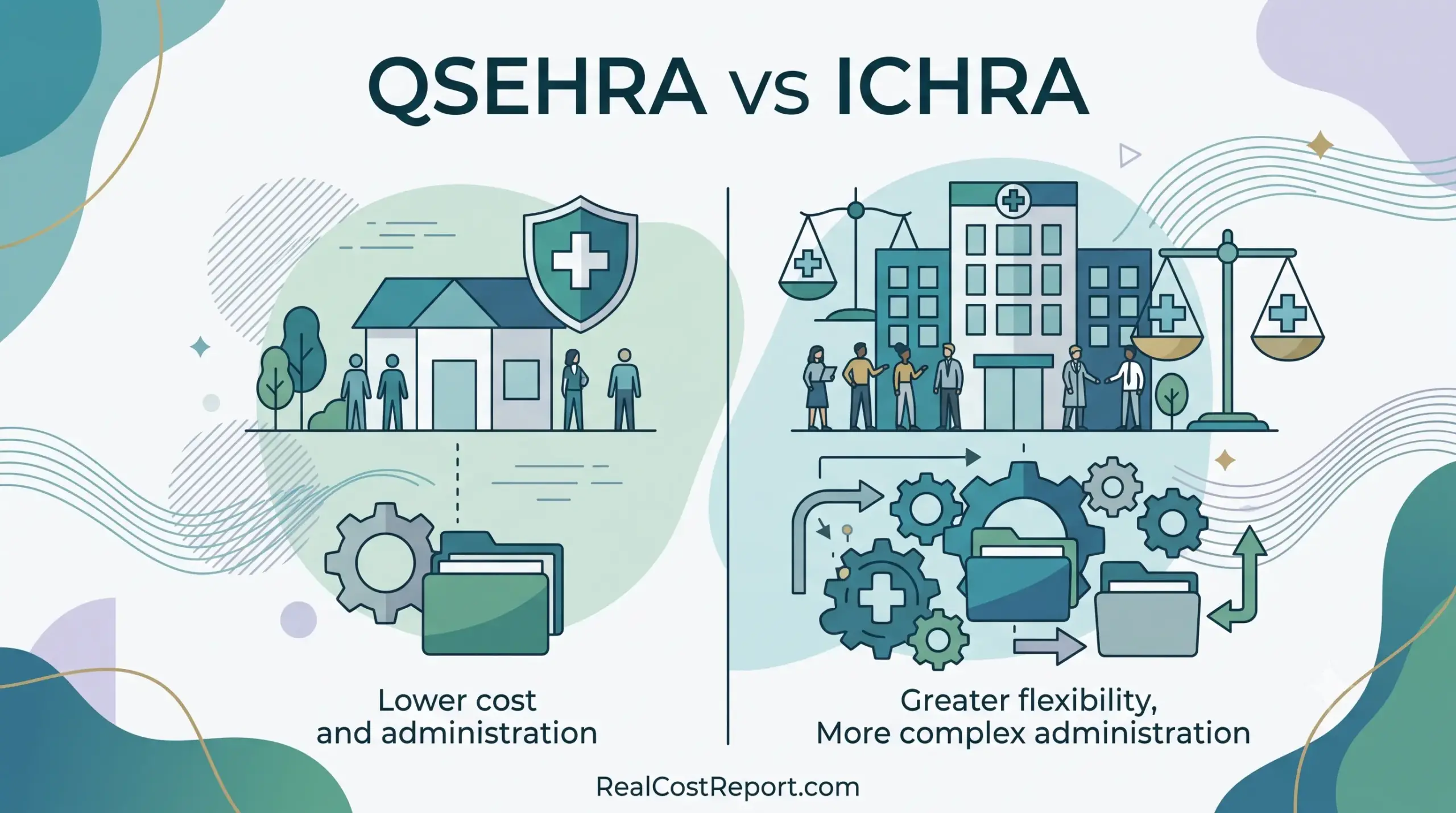 A modern vector comparison graphic contrasting QSEHRA and ICHRA models with distinct icons for healthcare and cost analysis.