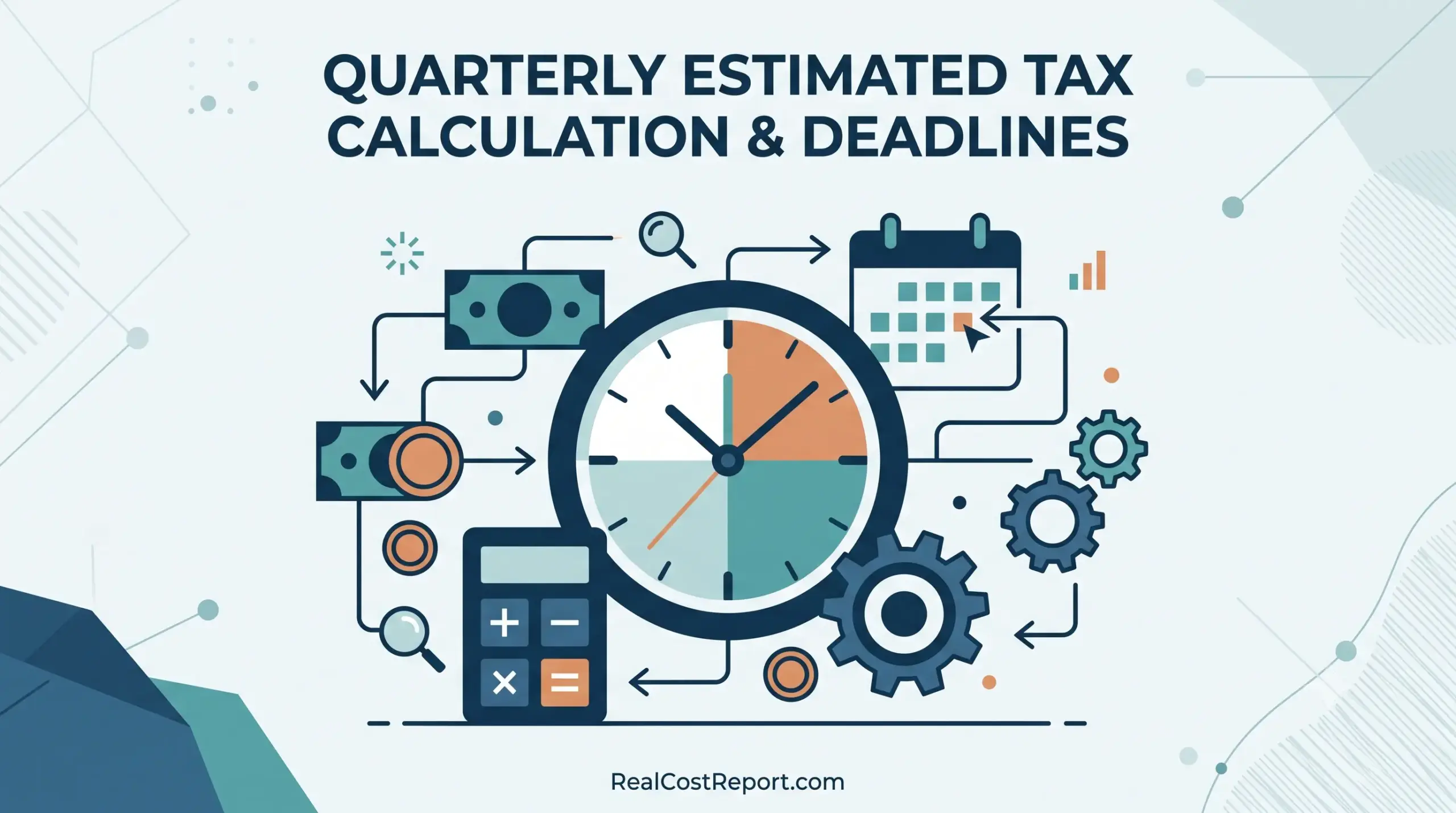 Minimal vector illustration featuring a clock divided into quarters, a calendar, and a calculator representing tax deadlines.