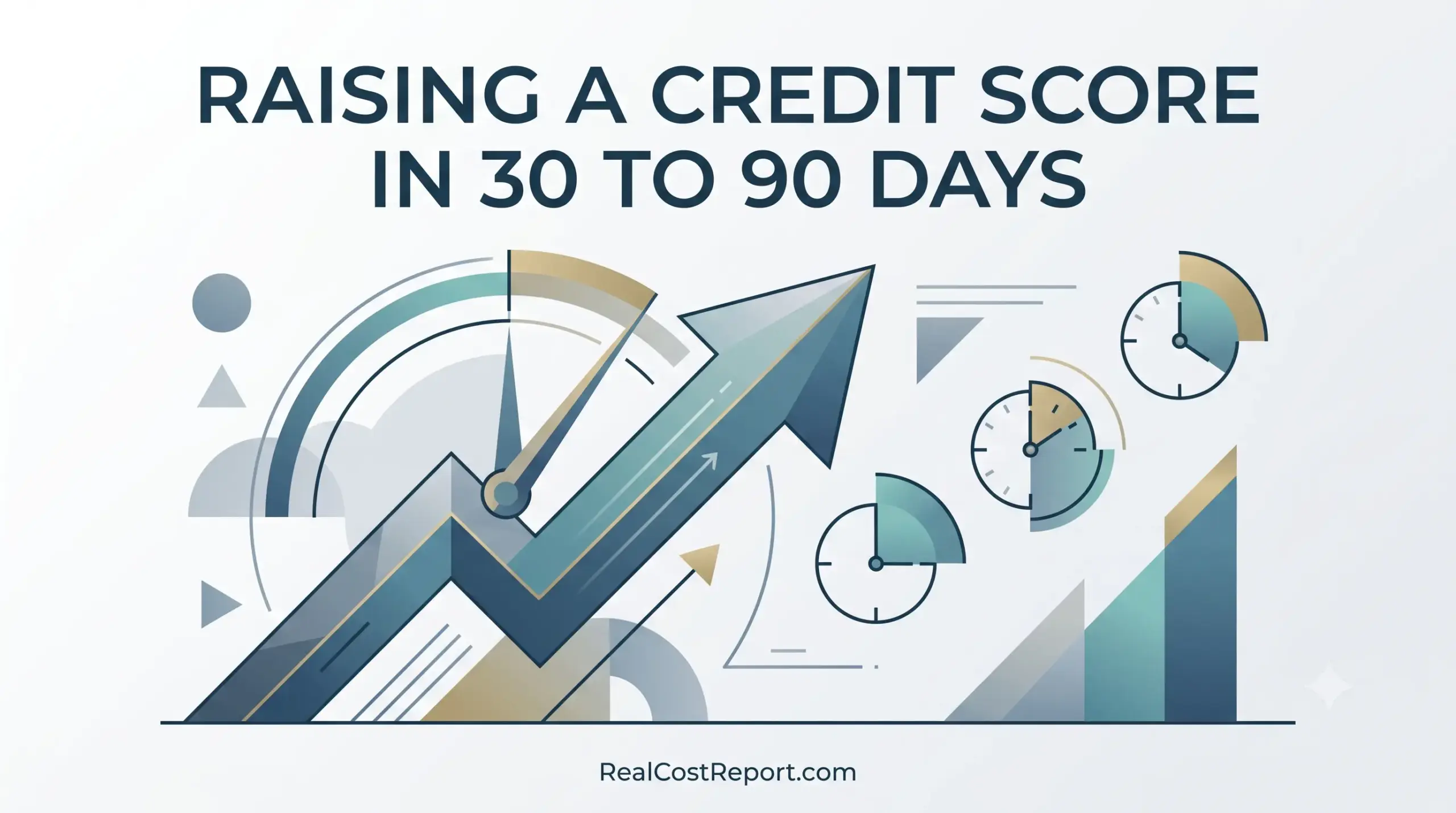 A geometric vector illustration showing upward arrows and time progress circles, representing credit score improvement over a 30 to 90 day period.