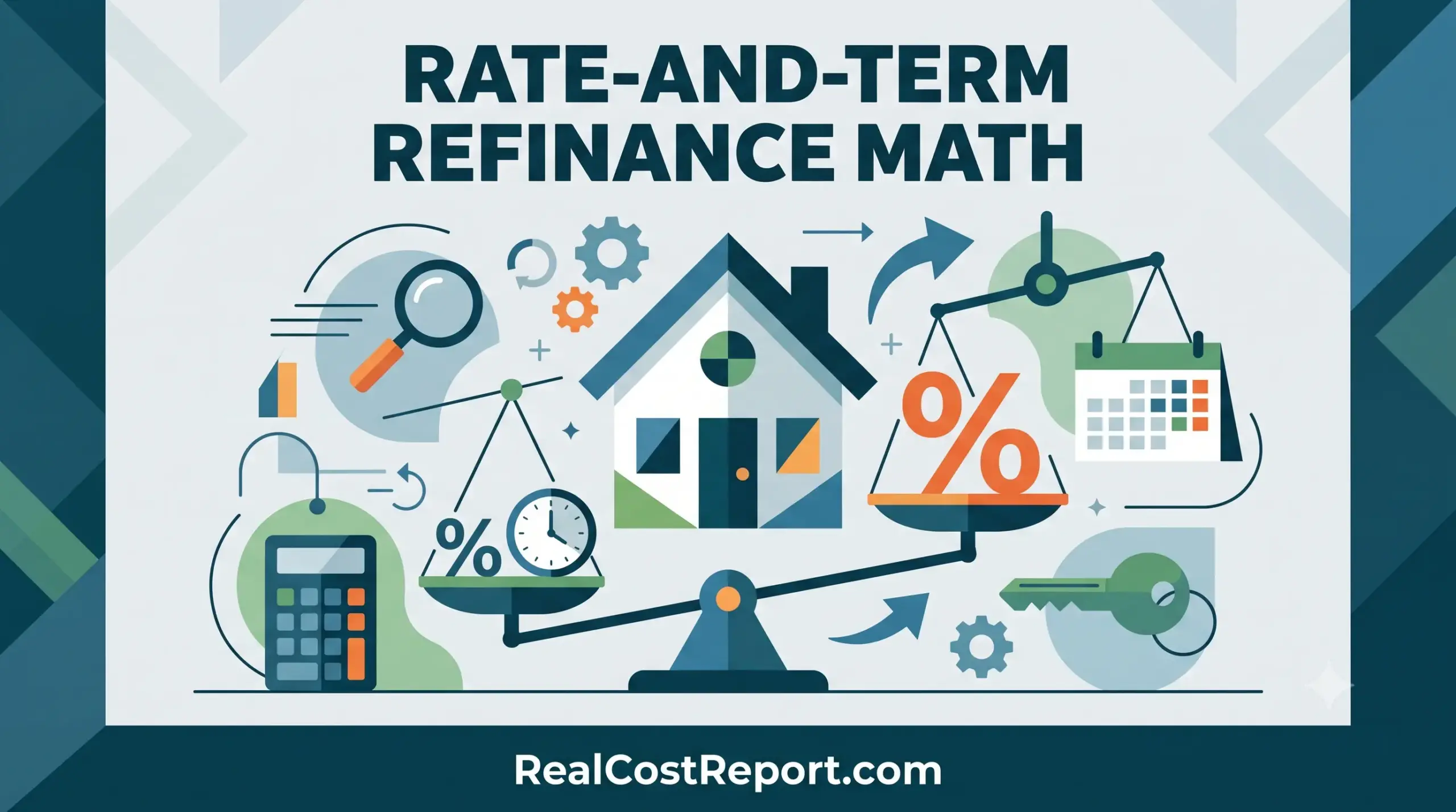 Geometric vector illustration for an article titled "Rate-and-term refinance math", showing a balanced scale with a house, interest rates, and loan terms.