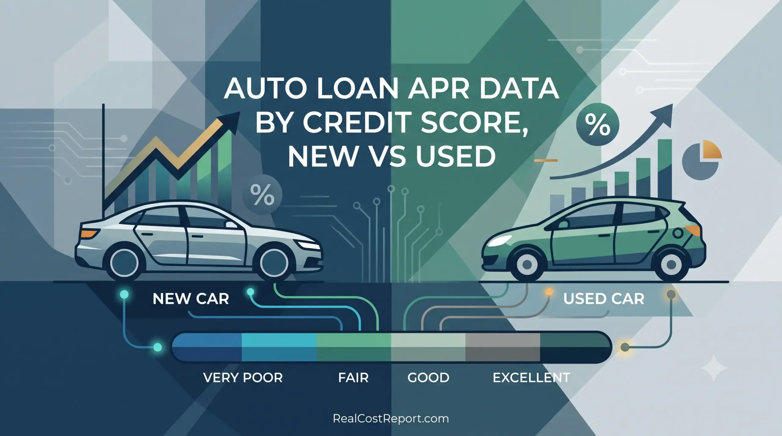 A vector illustration with text "Auto loan APR data" and cars labeled "New" and "Used" on a credit score bar.