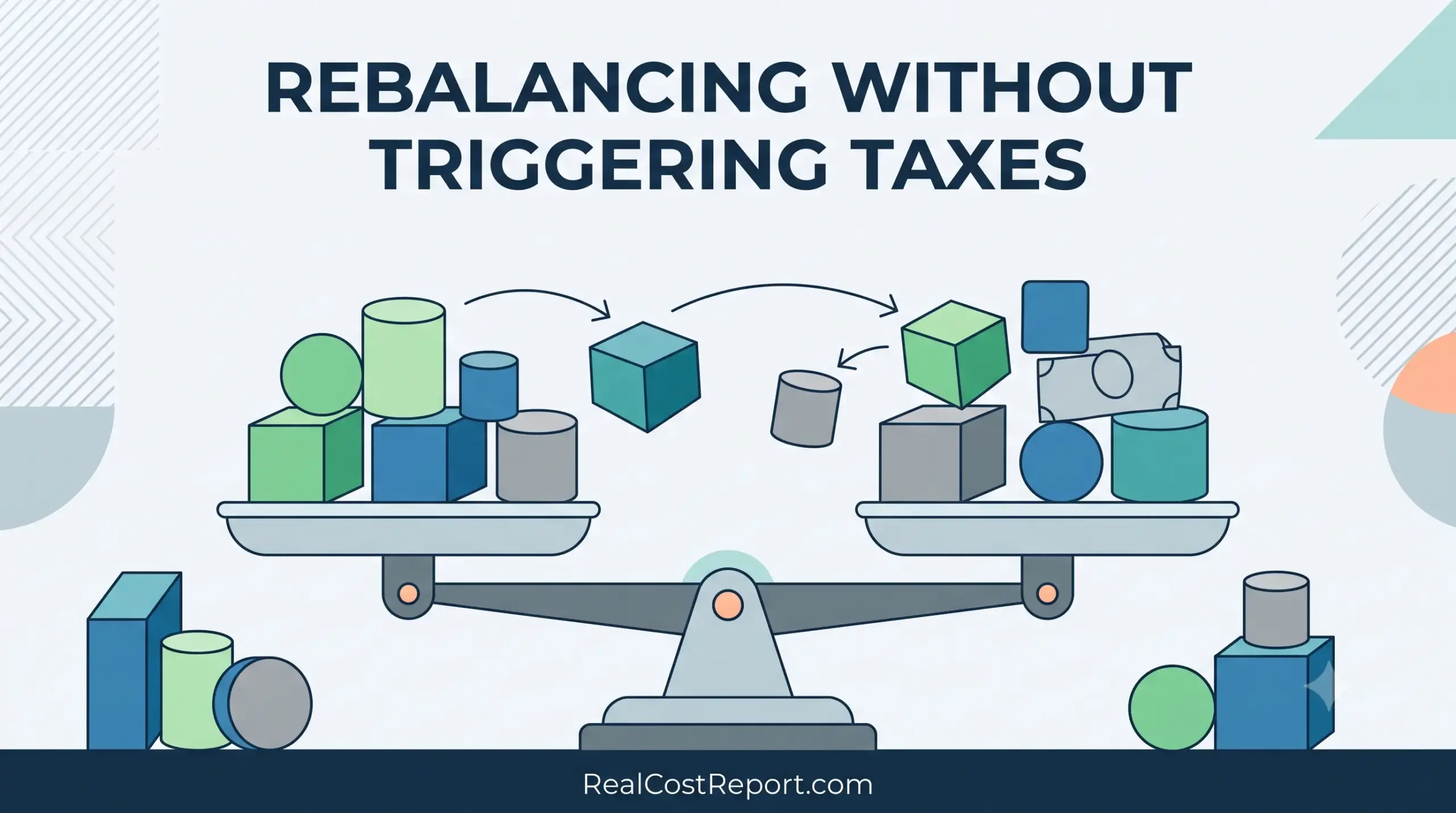 A modern geometric illustration showing a balance scale with shapes and money, symbolizing financial portfolio rebalancing.
