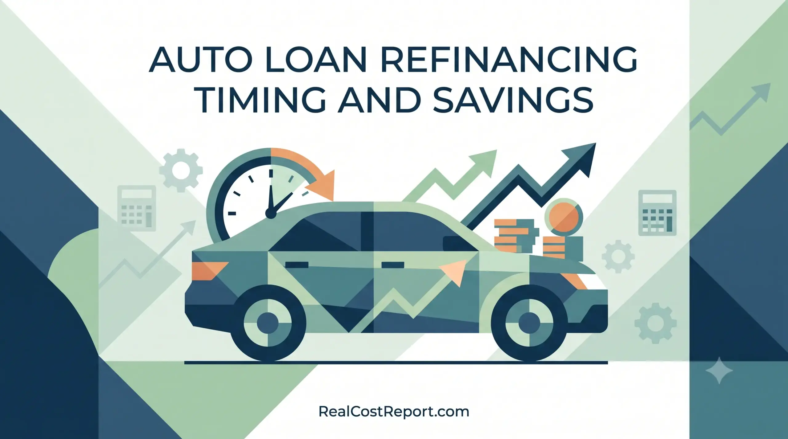 Geometric illustration of a car with a clock, coins, and rising arrows to represent auto loan refinancing timing.