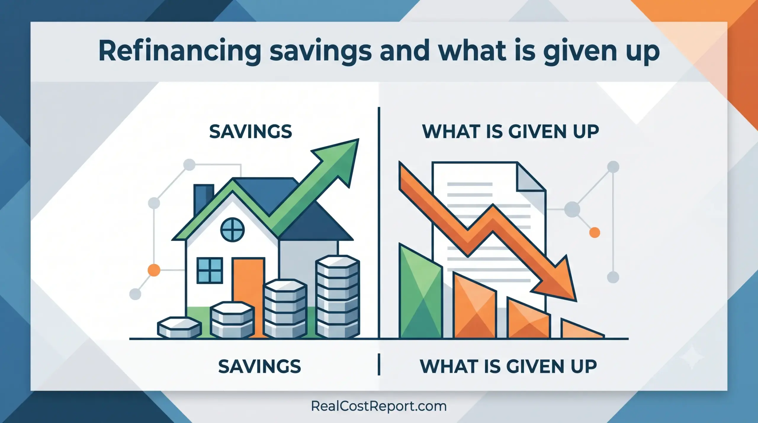 A geometric vector illustration contrasting 'SAVINGS' (rising green arrow over a house) with 'WHAT IS GIVEN UP' (declining orange arrow over documents).