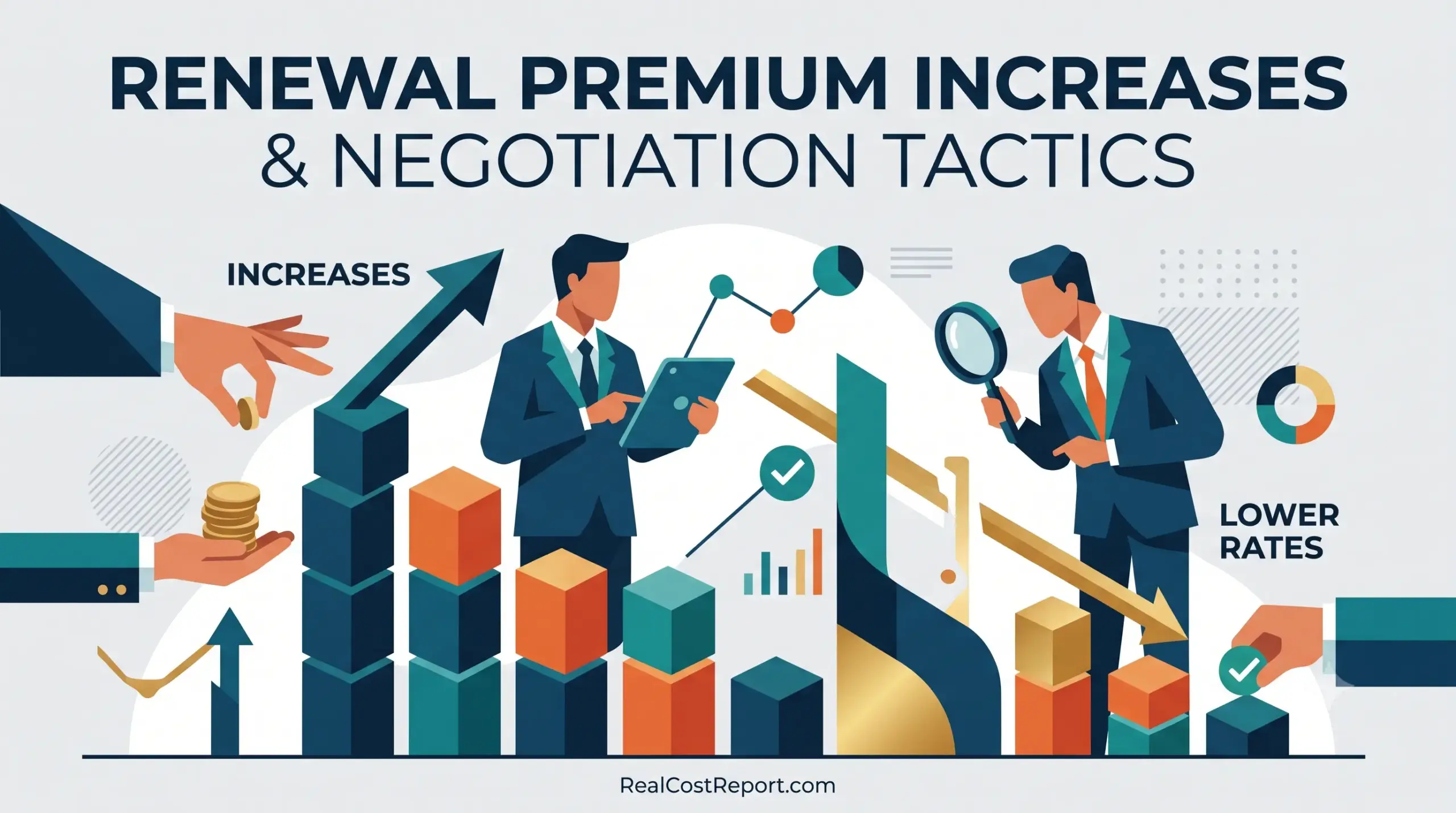 Minimalist vector illustration of professionals examining charts and arrows depicting rising costs and lower negotiated rates.