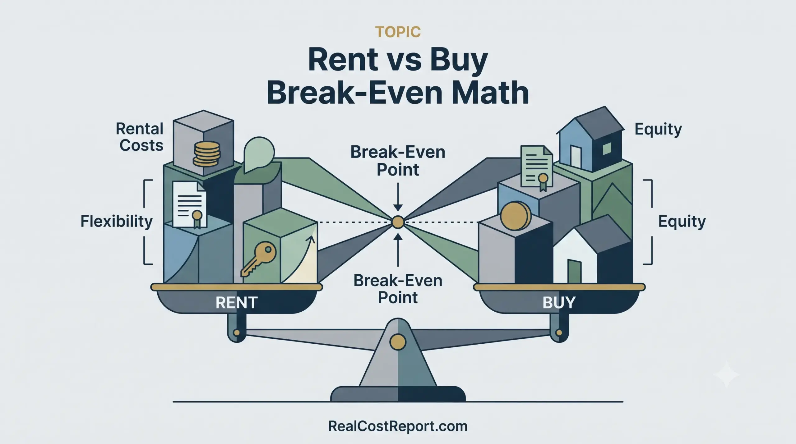 Geometric vector illustration of a scale balancing renting and buying costs to find a financial break-even point.