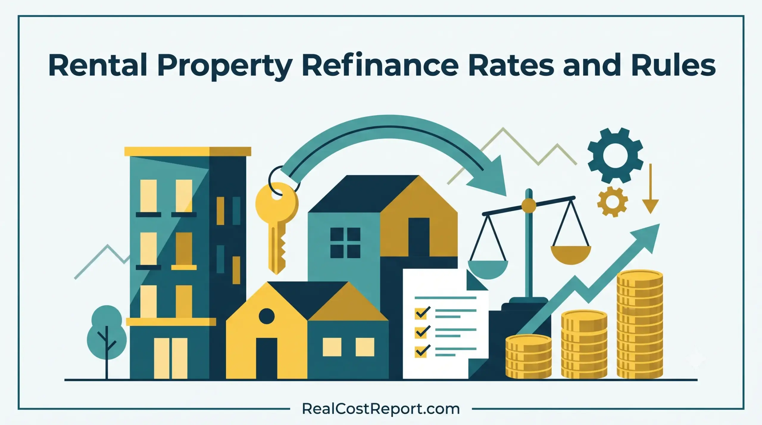 A flat geometric illustration for rental property refinancing, showing buildings, a key, scales, gears, and stacked coins with trend lines. RealCostReport.com.