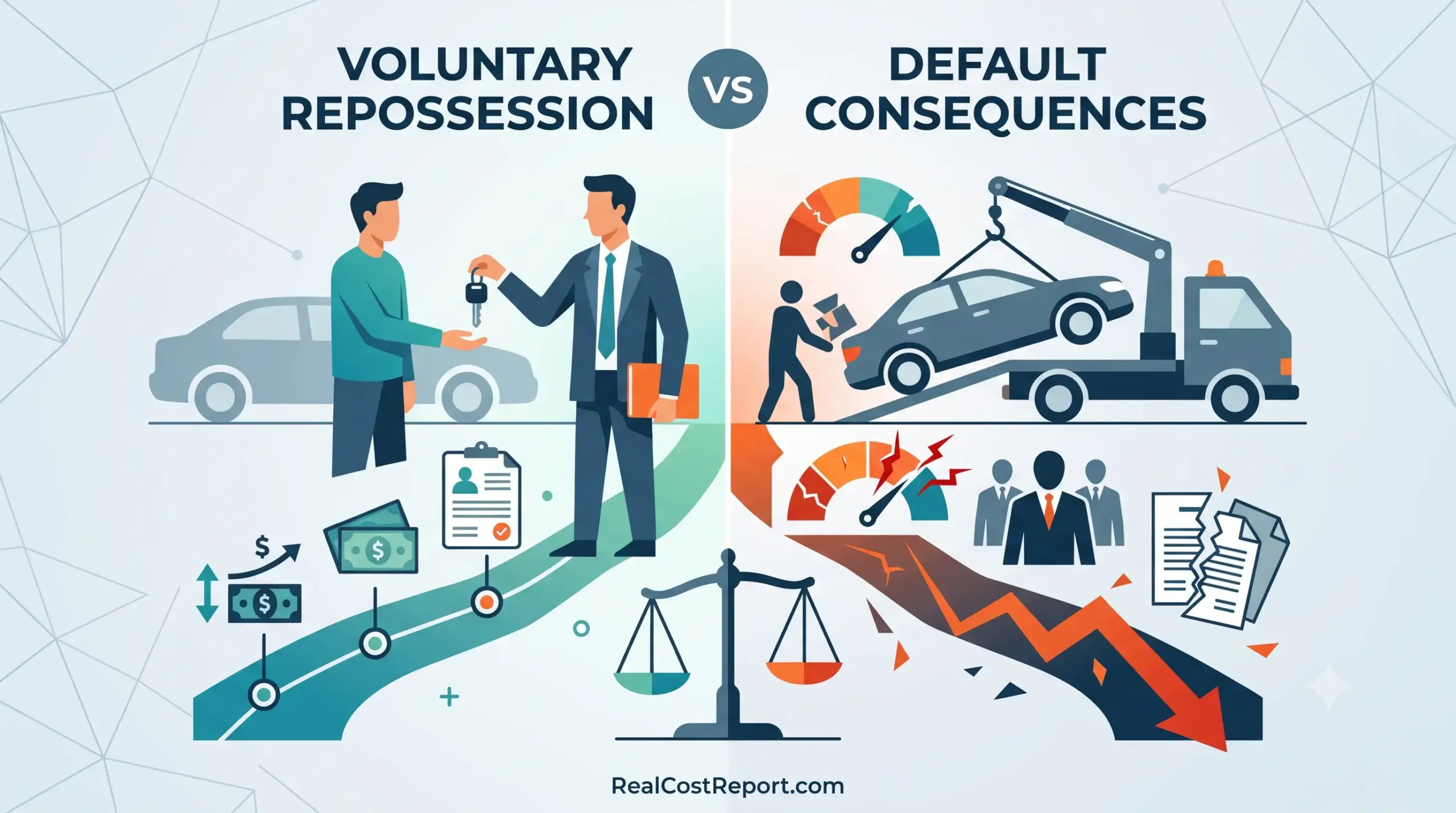 A comparison infographic illustrating the processes and impacts of voluntary repossession versus default consequences on credit and assets.