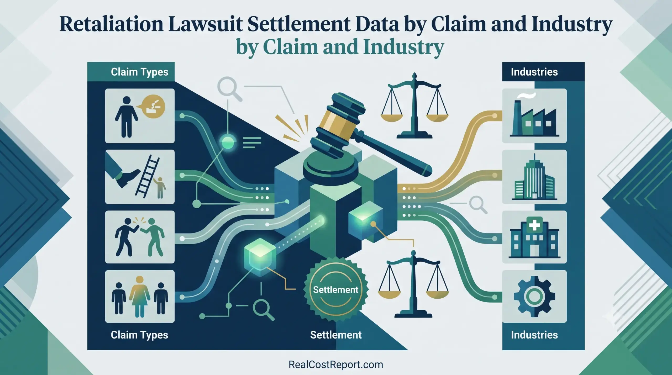 A vector illustration with a central gavel connecting icons representing claim types and industry sectors to visualize settlement data.