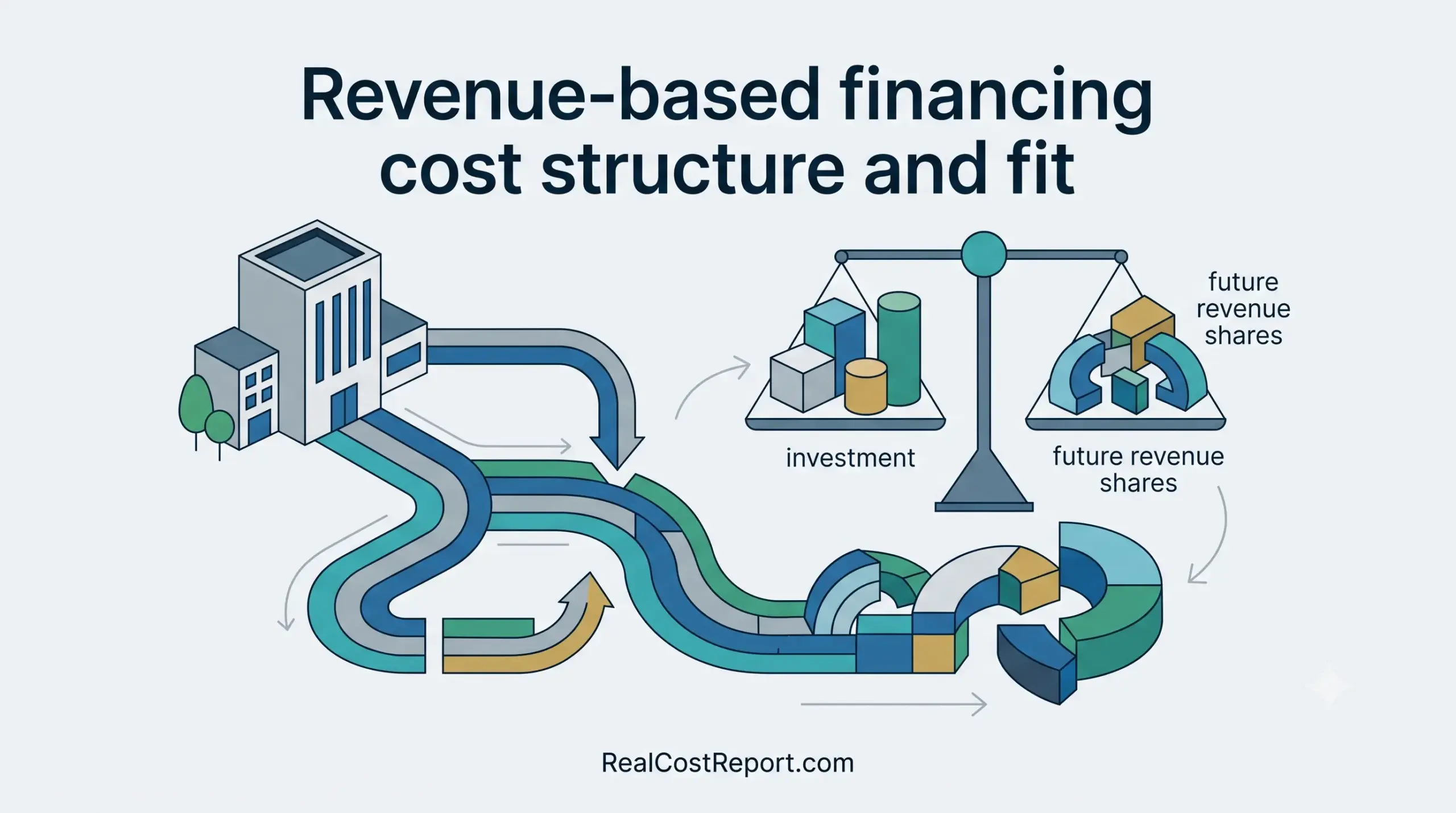 A clean, geometric illustration balancing investment and future revenue streams to explain the cost structure of revenue-based financing.