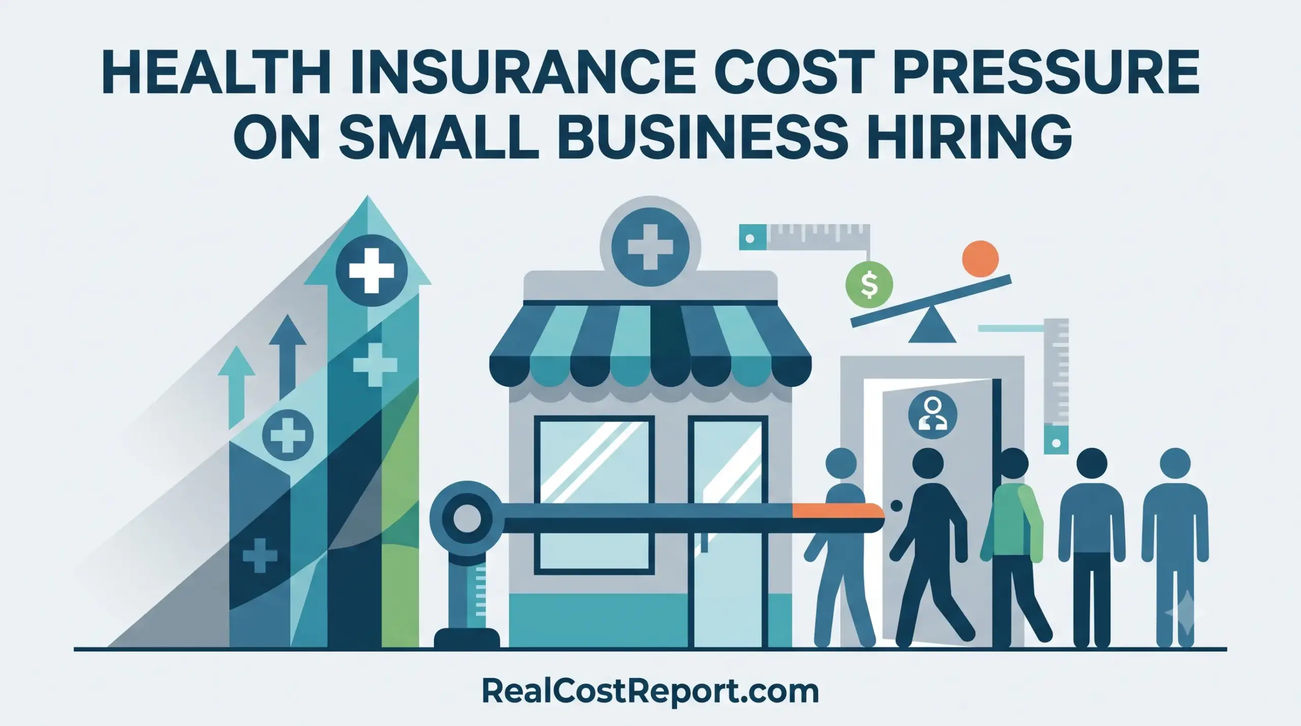 Vector illustration showing rising medical arrows, a small storefront, a hiring line, and a barrier representing health insurance cost pressure.