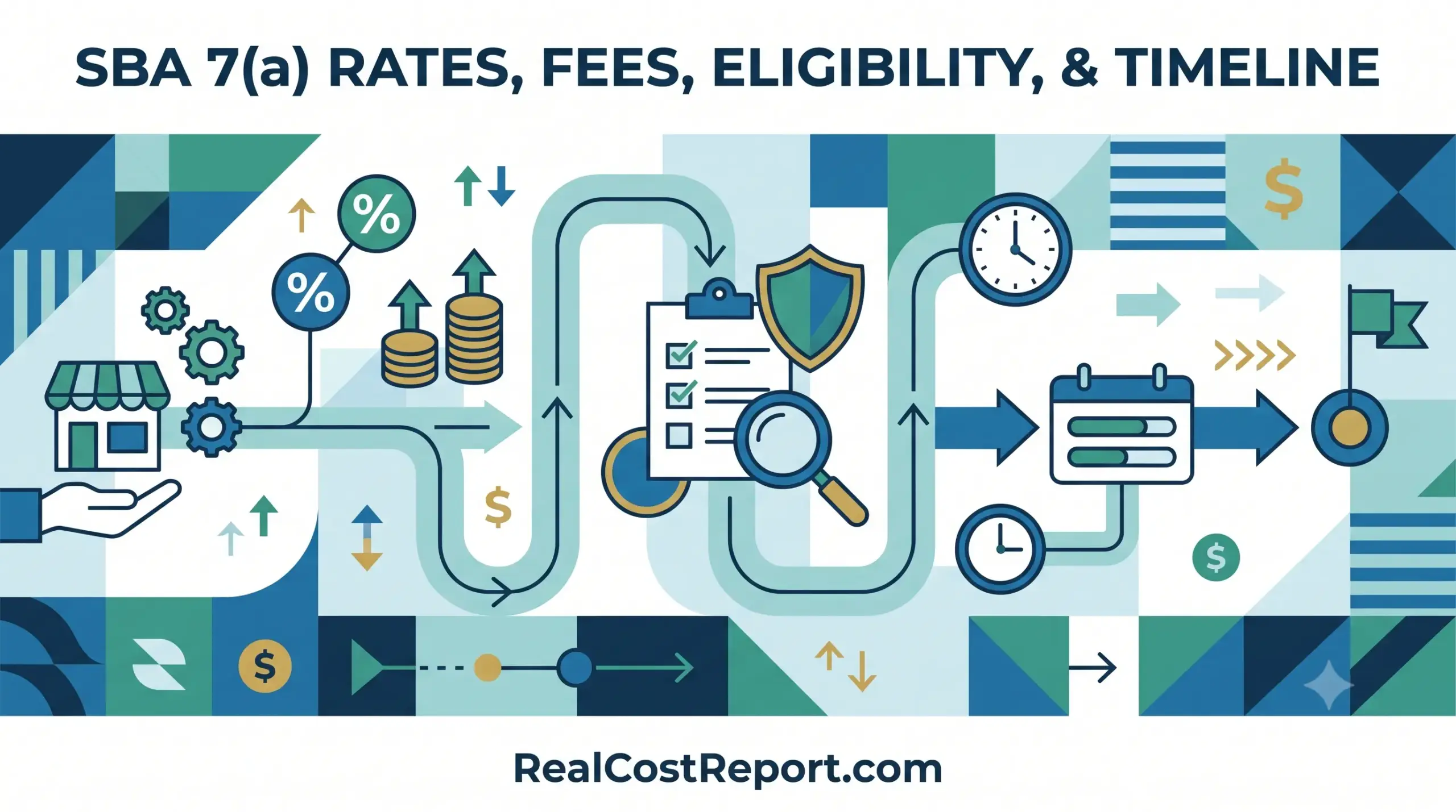 A flat design vector illustration with business icons and a timeline, illustrating the steps and costs for SBA 7(a) loans.