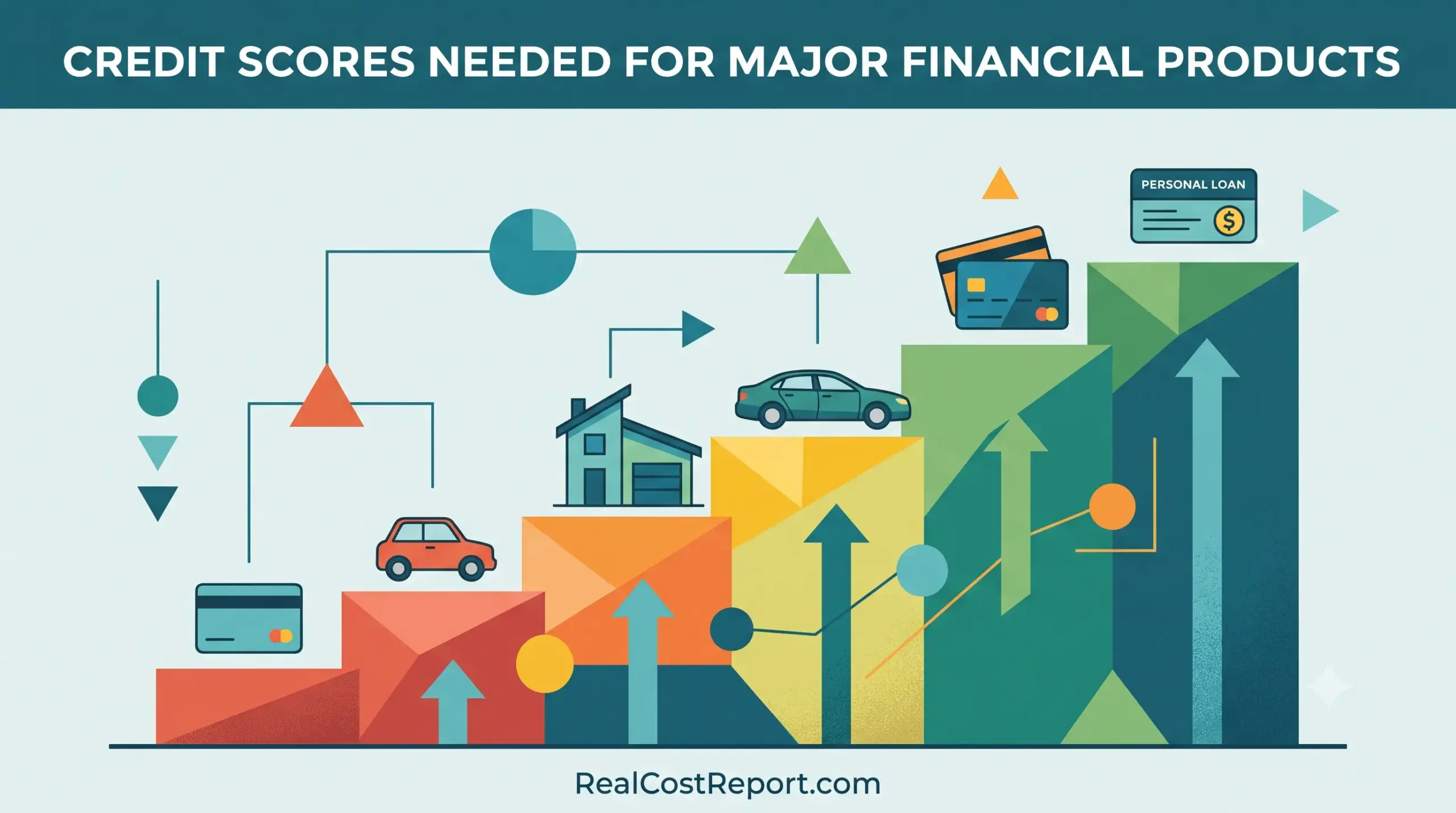Geometric illustration of ascending steps with icons for cars, houses, and credit cards representing financial product access.