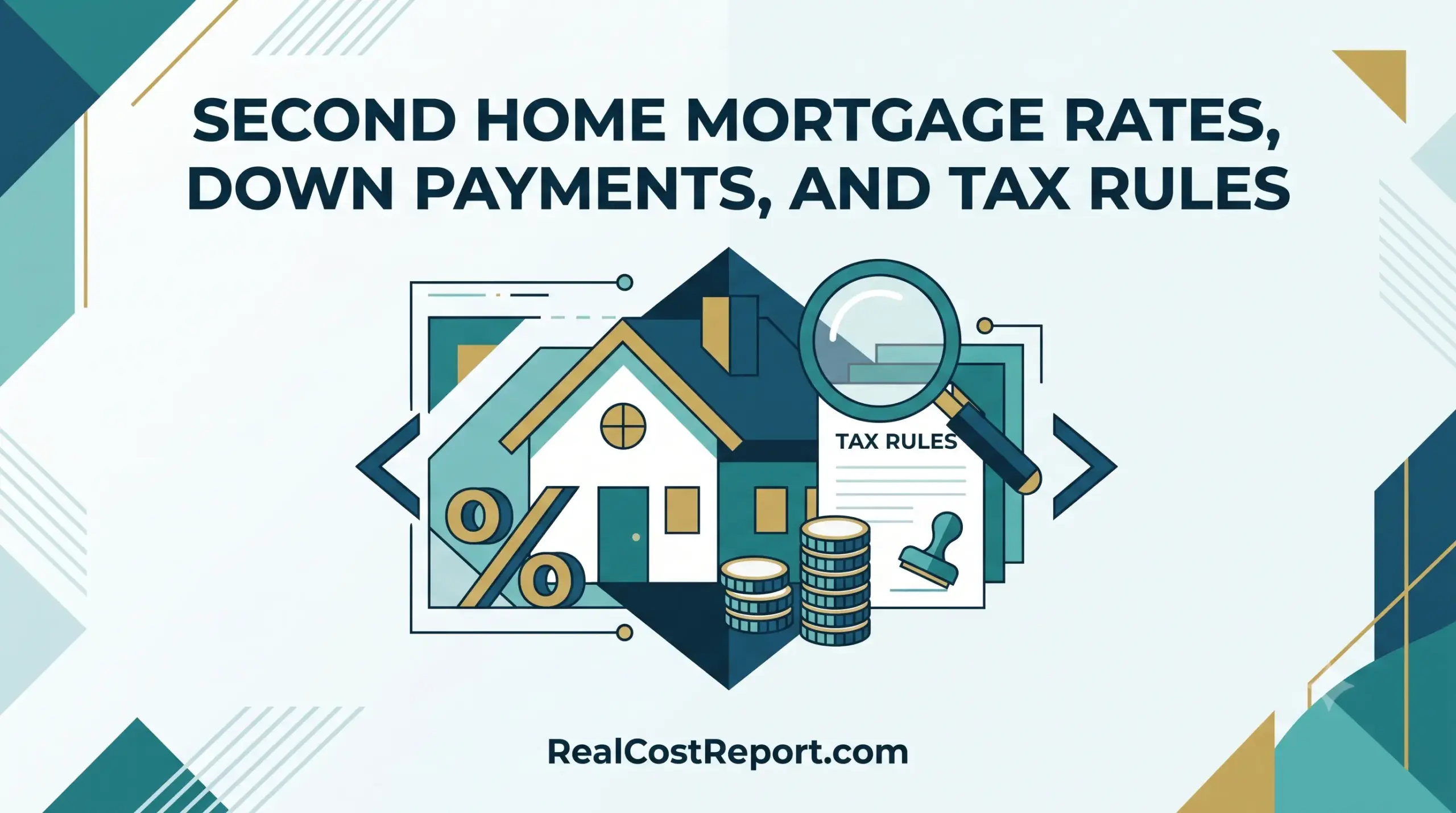 Flat vector illustration showing a house, percentage symbol, stacked coins, and tax document under a magnifying glass.