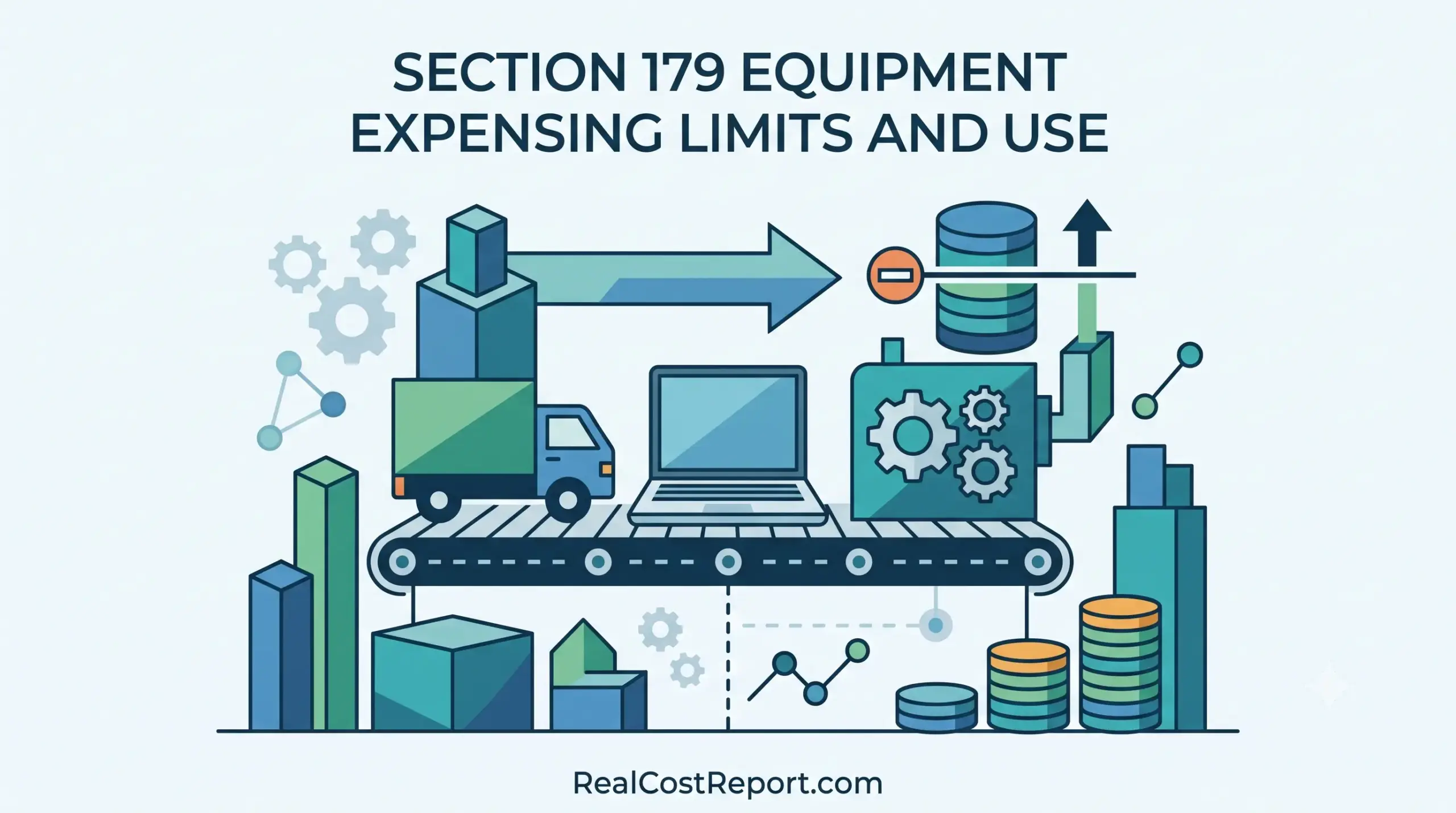 Flat geometric illustration of a truck, computer, and gears on a conveyor belt representing business equipment.
