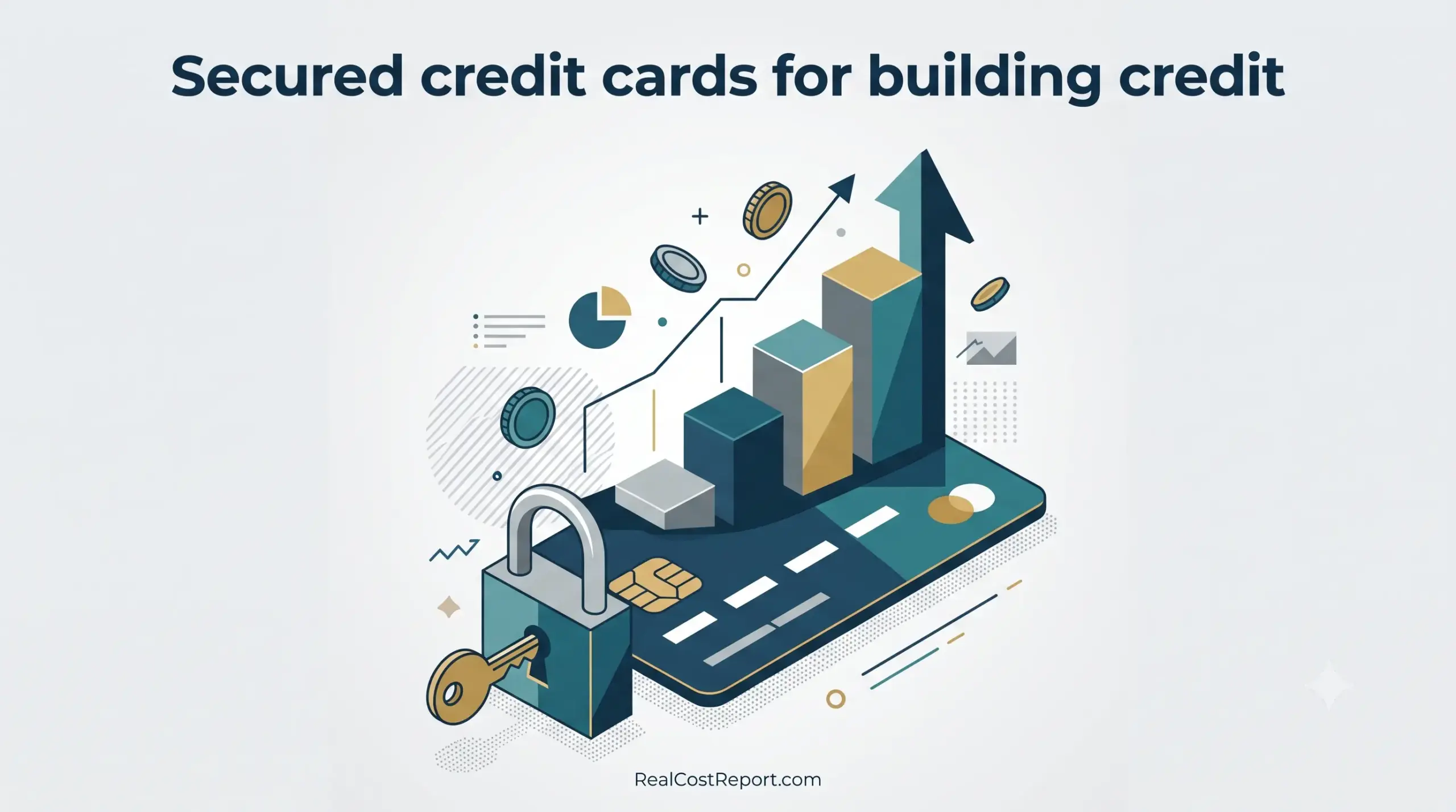 Minimal vector illustration featuring a secured credit card with a lock, a growth chart, and flying coins.
