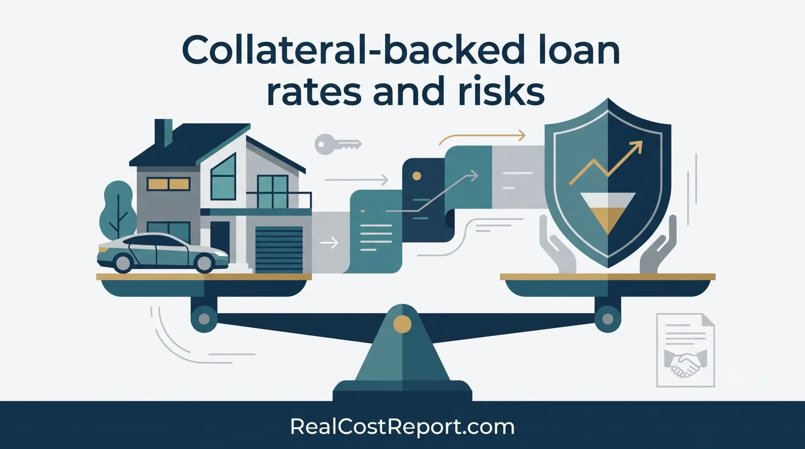 A balanced scale holds geometric icons of a house and car on one side, and a shield and charts on the other, illustrating secured loans.