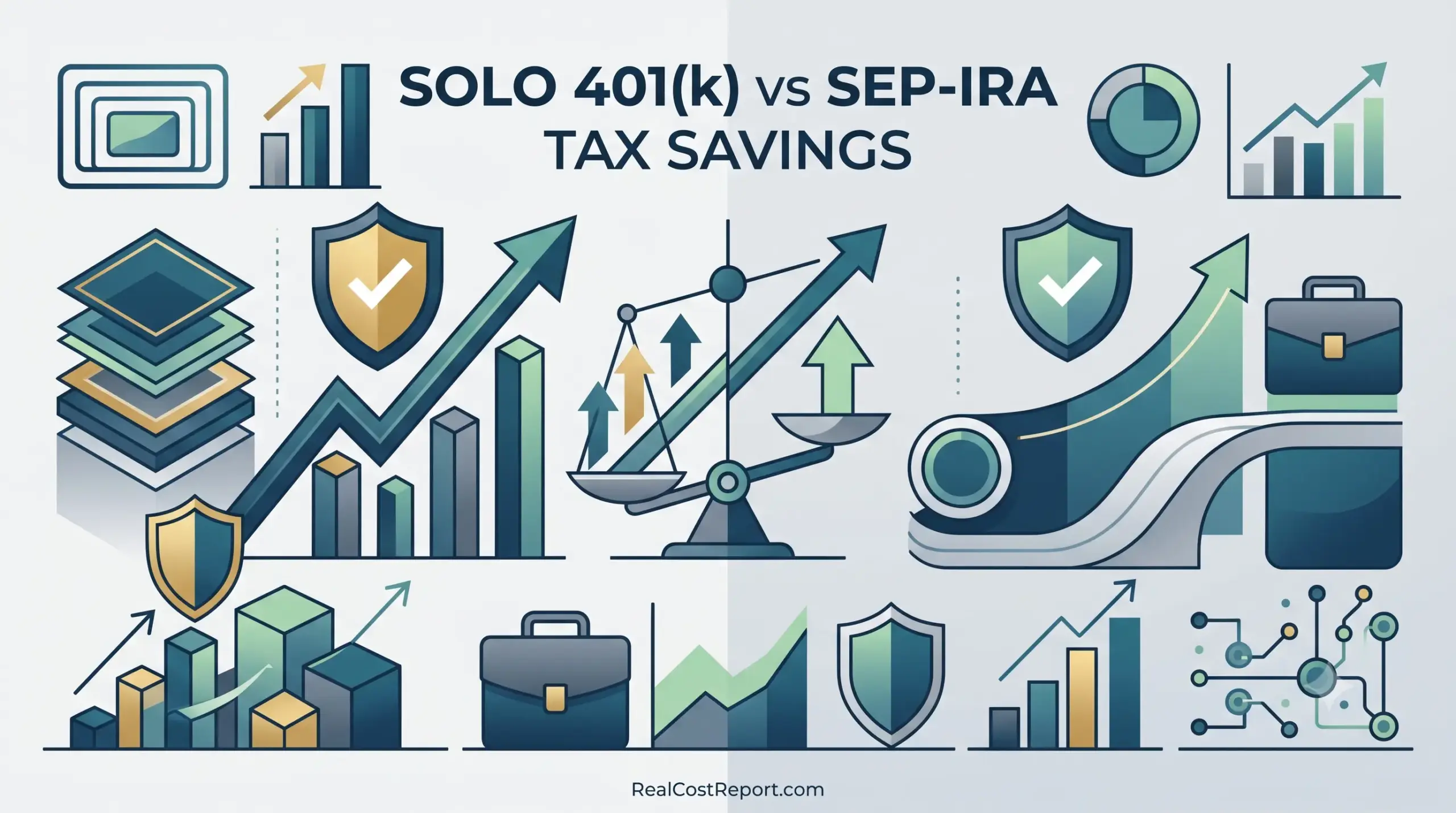 A clean, professional geometric illustration compares Solo 401(k) and SEP-IRA savings using financial growth graphs, balance scales, and business briefcases in teal, blue, and gold tones.