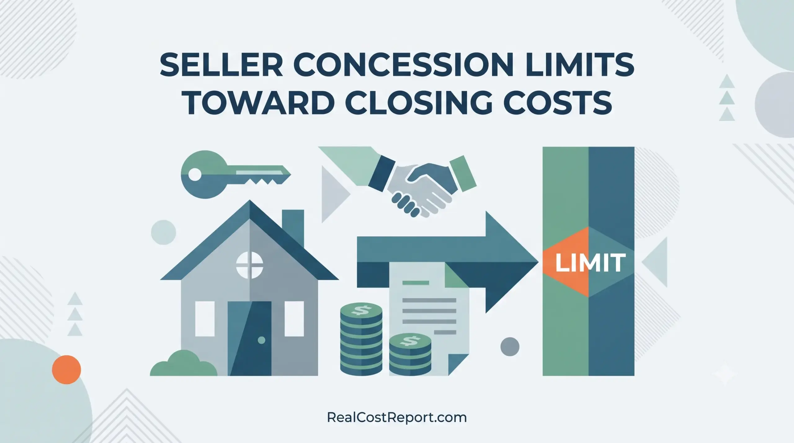 A modern geometric illustration showing a house, money, and a handshake arrow pointing to a 'LIMIT' barrier.