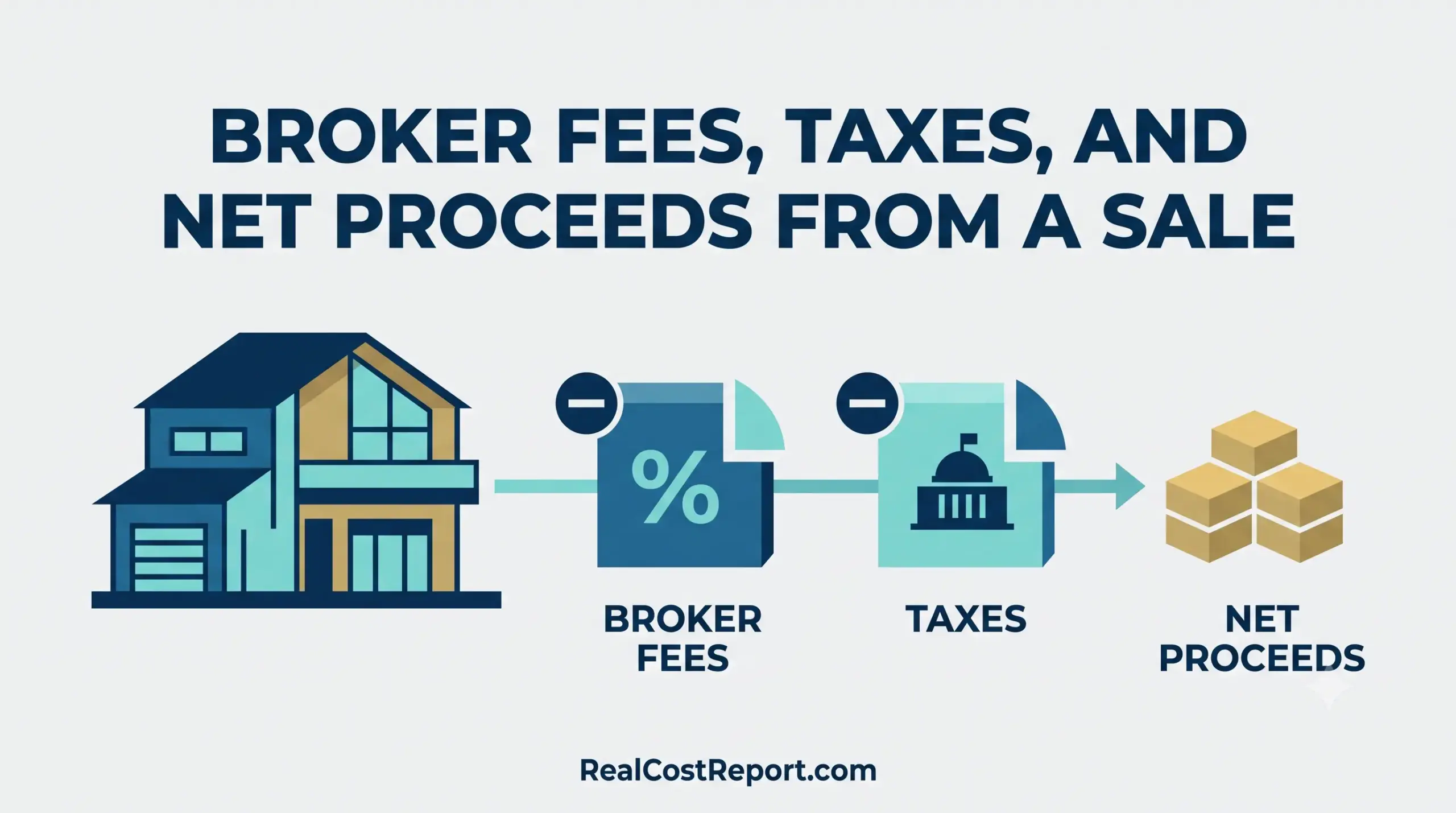 Flat geometric illustration showing a house, broker fees icon, tax icon, and stacked boxes labeled 'net proceeds'.