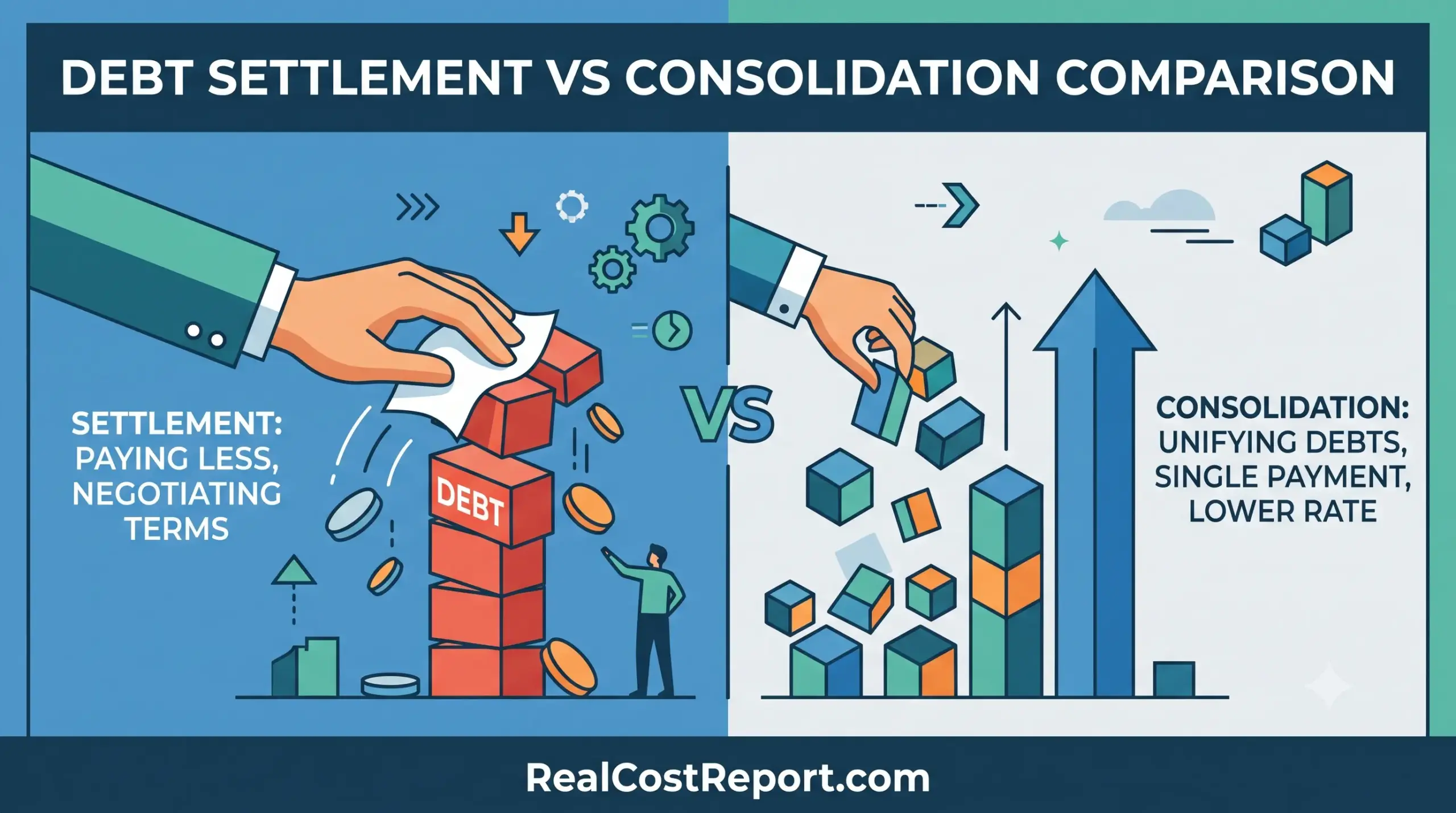 An illustration comparing debt settlement, with a hand removing blocks from a wobbly stack, and debt consolidation, showing blocks being organized into an arrow. RealCostReport.com is at the bottom.