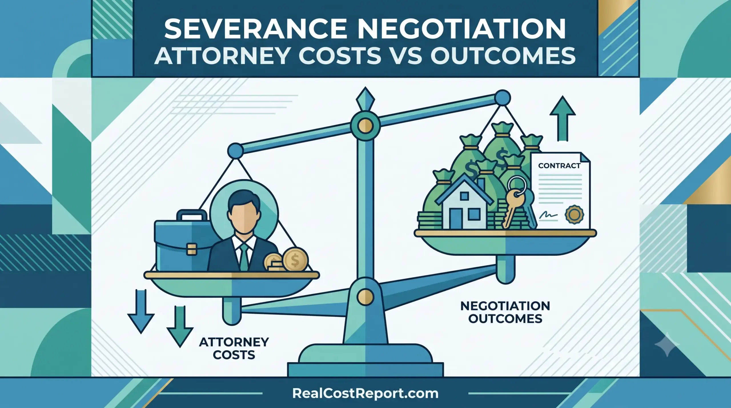 A scale compares an attorney and costs against money bags, a contract, and assets representing negotiation outcomes.