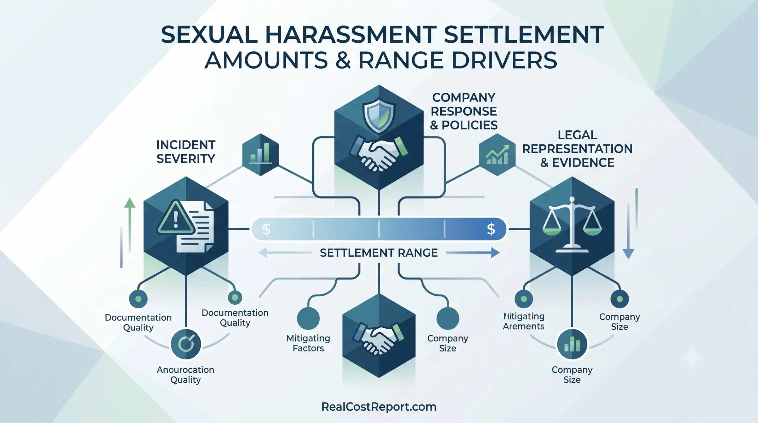 Geometric infographic illustrating factors that drive sexual harassment settlement amounts, such as incident severity, company policies, and legal representation.