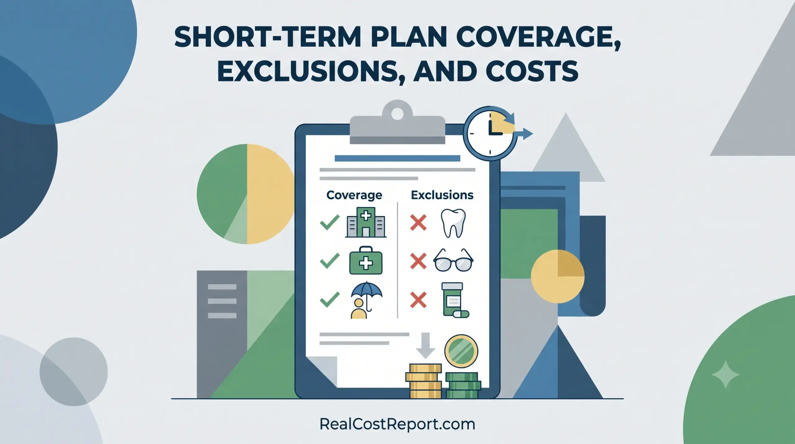 A modern geometric vector illustration showing a clipboard titled 'Coverage' and 'Exclusions' with icons for medical, dental, and vision plans.