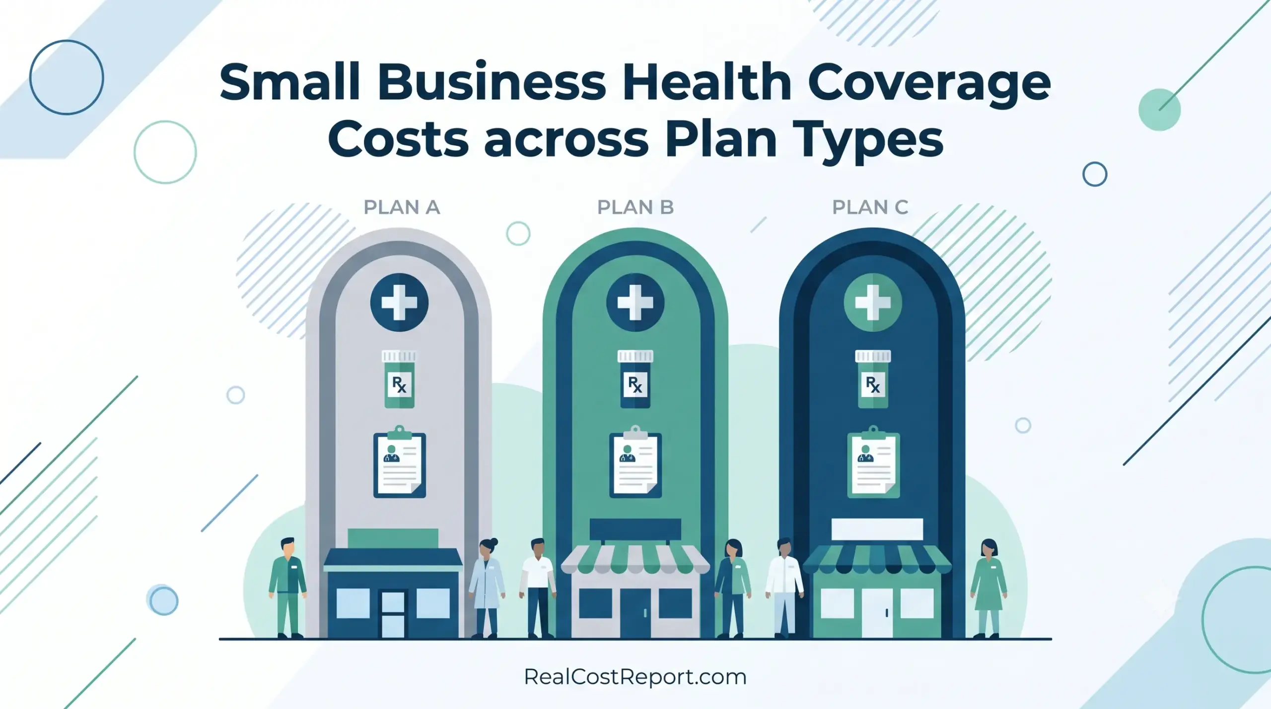 Geometric vector illustration displaying three health insurance plan options above small business storefront icons.