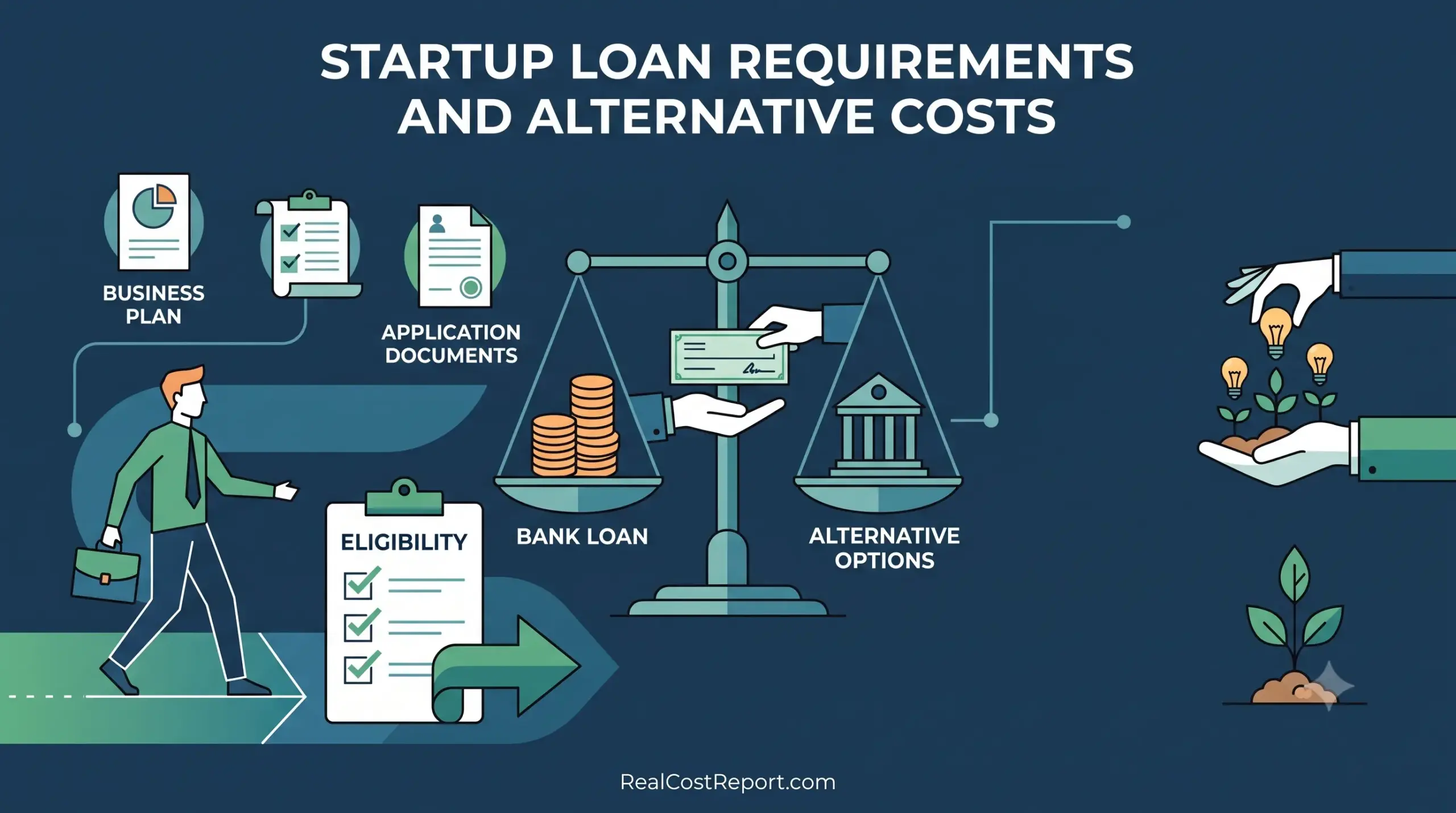 Modern geometric illustration with headline comparing traditional startup loan requirements against alternative funding options using scales and documents.
