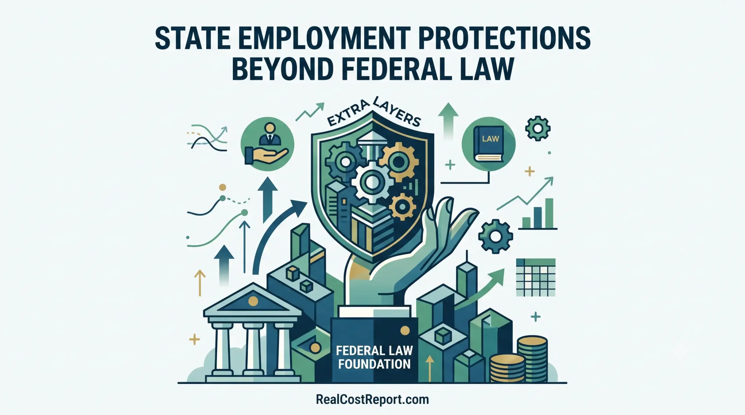 Geometric vector illustration with extra legal layers above federal, for state protections beyond federal law.