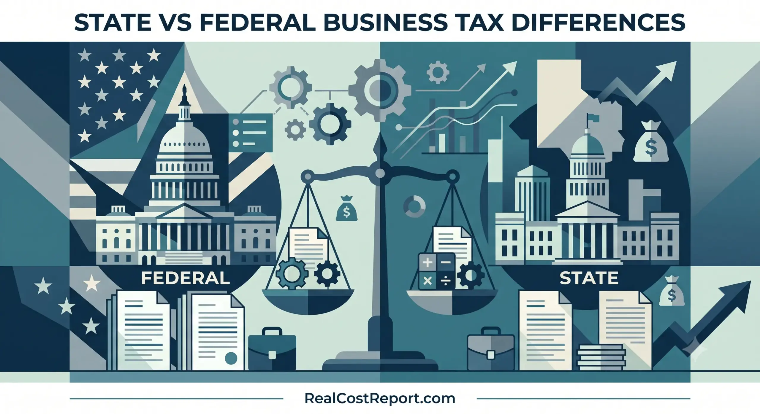 A flat vector illustration comparing federal and state business taxes with building icons, a balance scale, and gears.