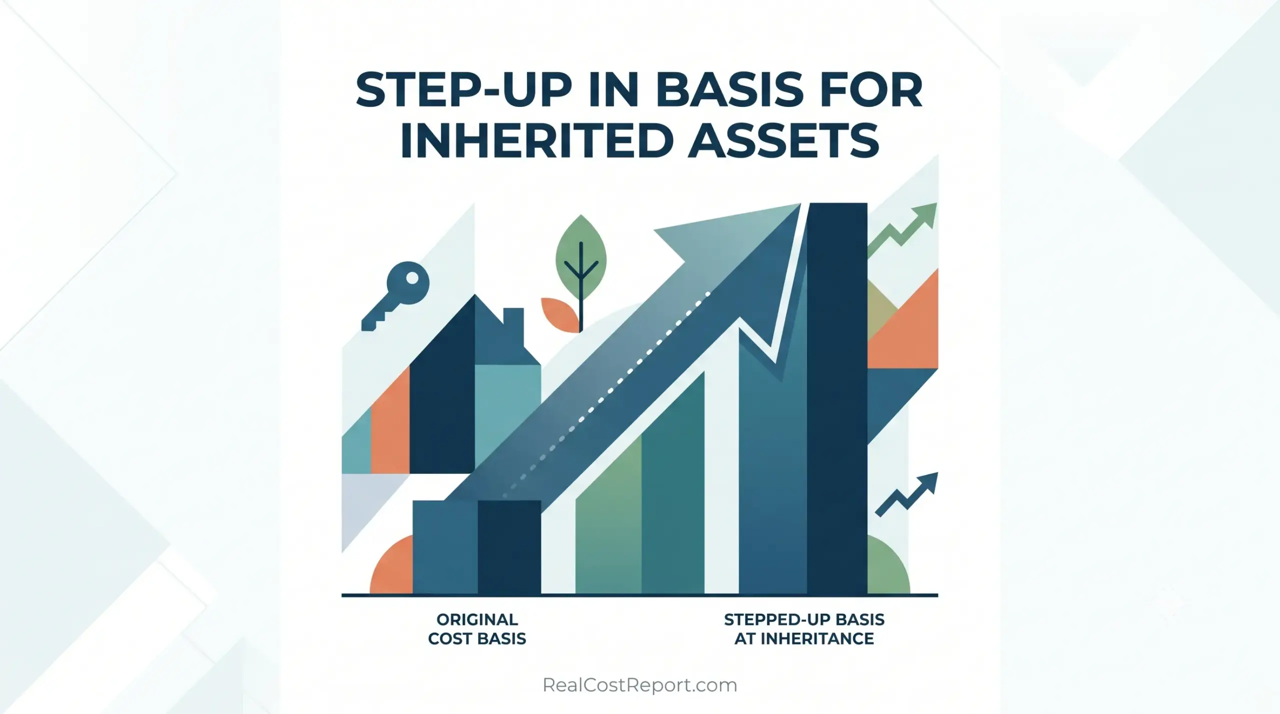 Geometric vector illustration for Real Cost Report showing a bar chart illustrating the step-up in basis for inherited assets.