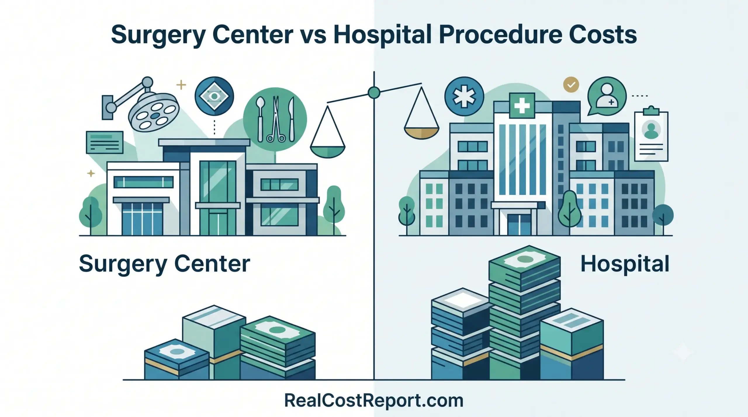 A split geometric illustration compares a surgery center and hospital, with larger stacks of cash on the hospital side indicating higher costs.