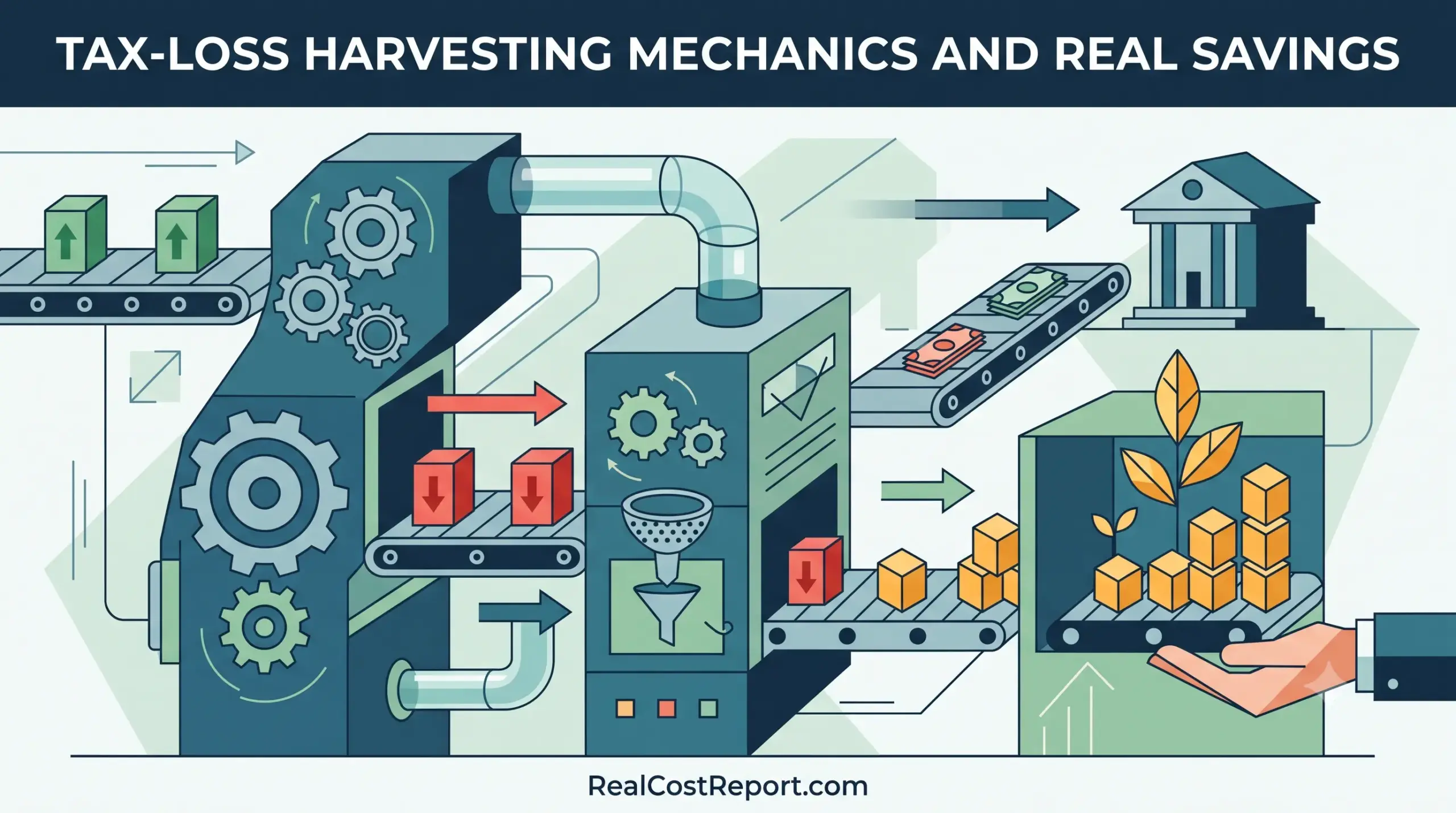 Geometric vector illustration of a mechanical system processing investment arrows into geometric plants and money stacks.