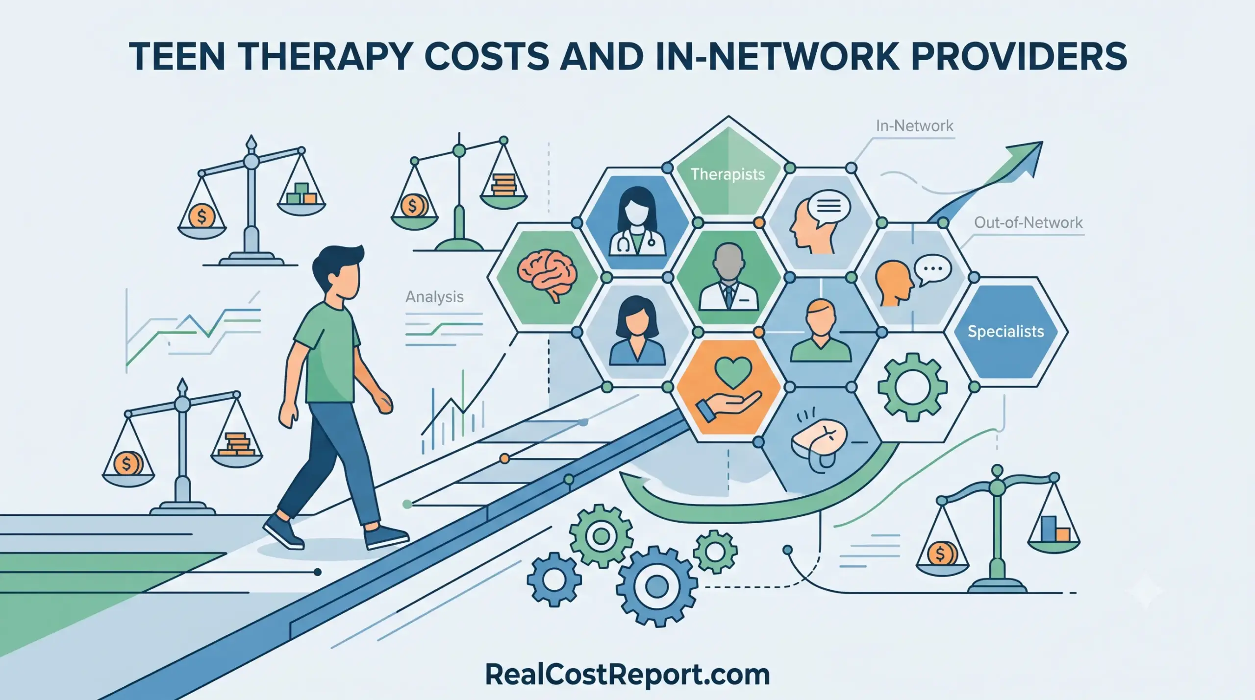 Minimal vector illustration showing connected mental health provider icons and balancing scales for teen therapy cost analysis.