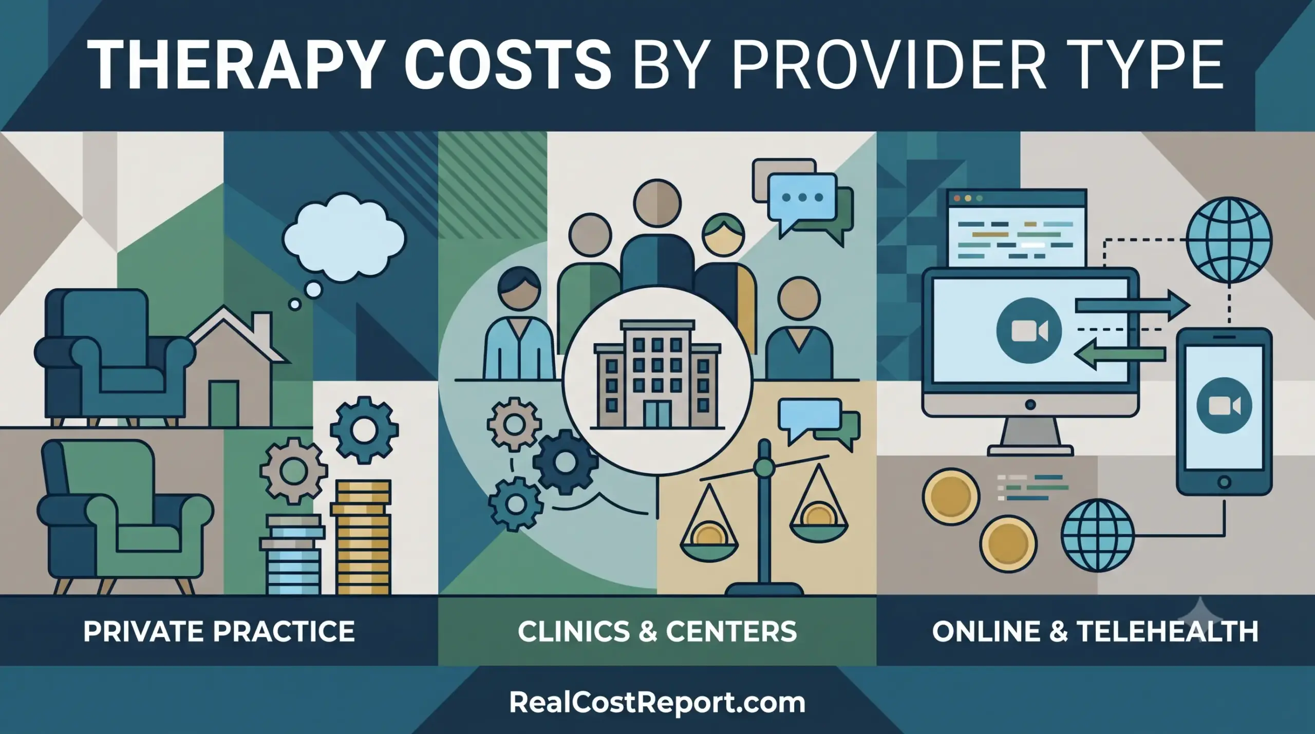 Geometric illustration with columns for private practice, clinics, and online telehealth, featuring icons of chairs, groups of people, and digital devices.