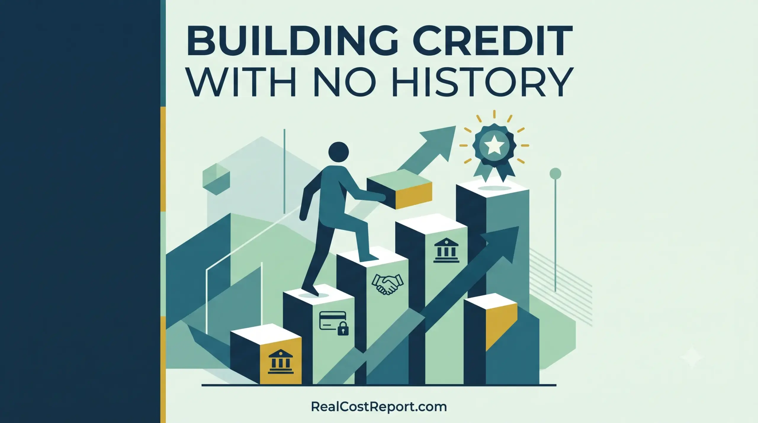A modern vector illustration showing a person climbing an upward bar chart with financial icons, representing steps to build credit.