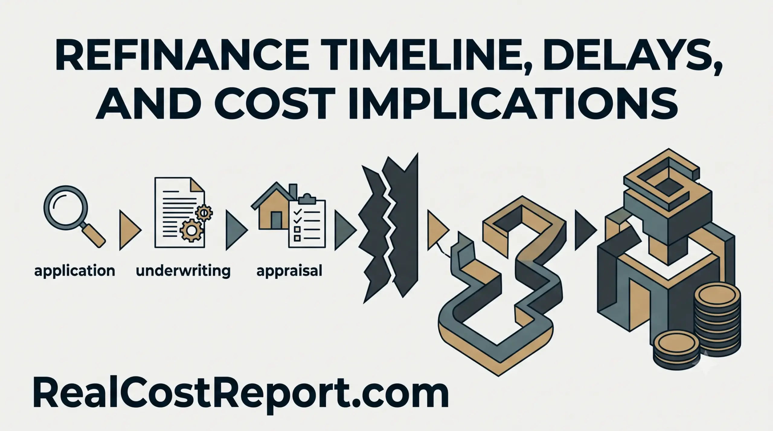 Flat vector timeline showing refinance steps, application, underwriting, appraisal, then a broken path leading to a maze and money stack.