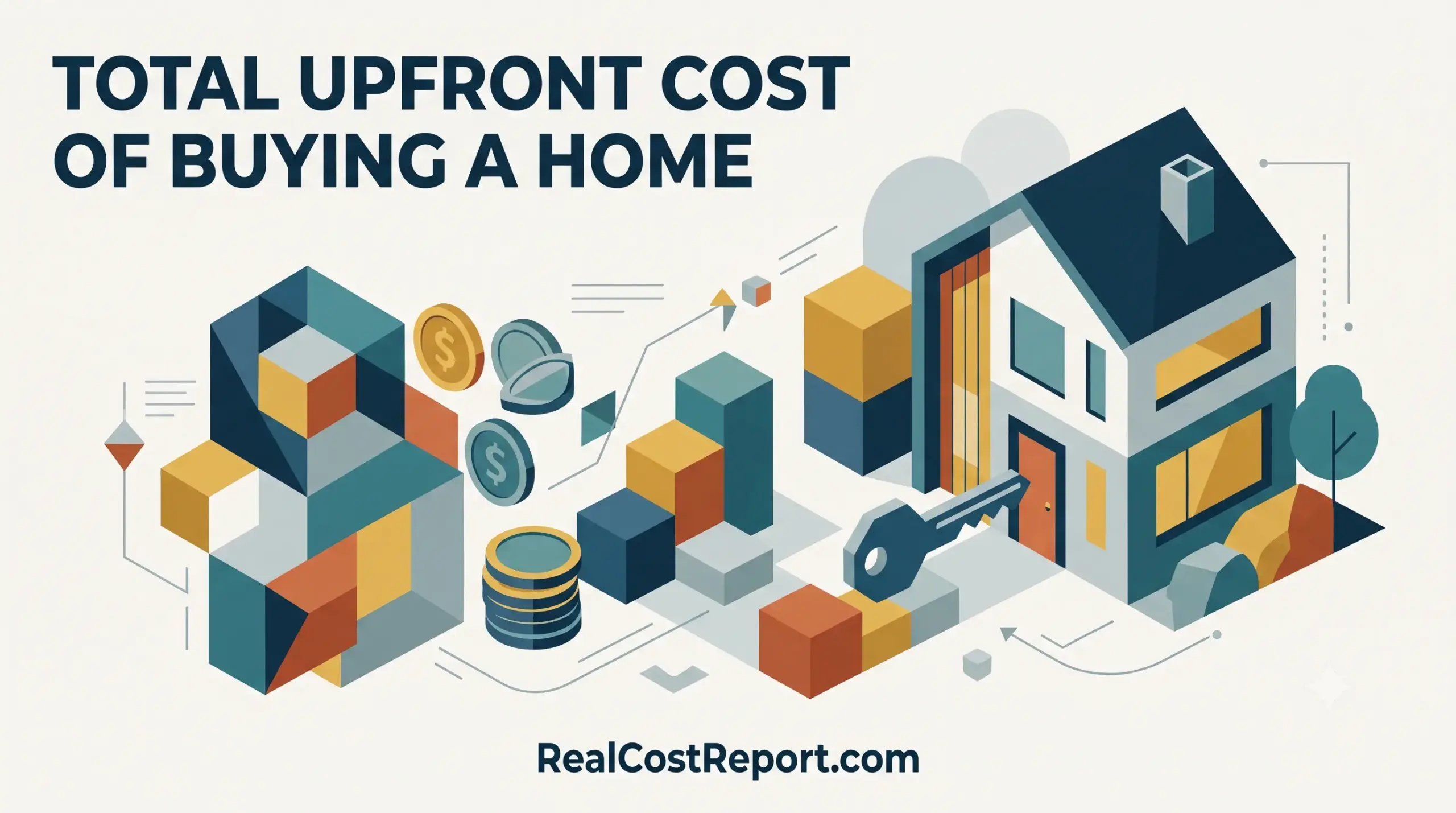 Geometric vector illustration of a house with stacked coins and blocks representing the upfront costs of buying a home.