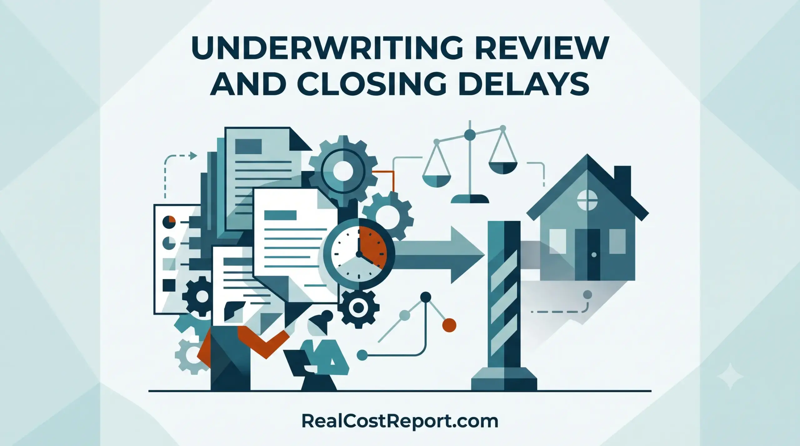 A geometric vector illustration showing a business process bottleneck with gears, documents, a clock, and a house, representing loan underwriting delays.