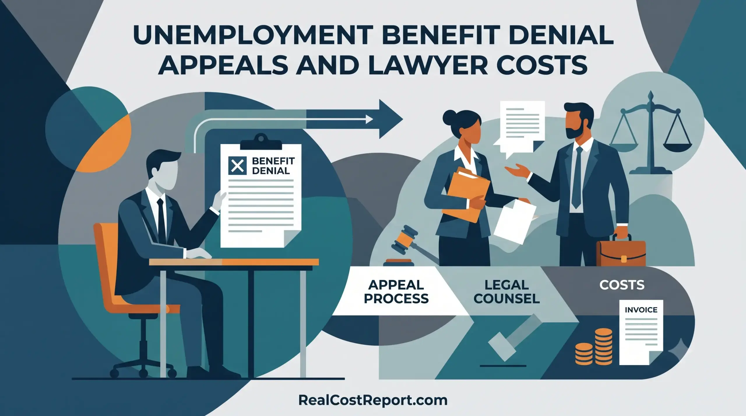 A flat vector illustration showing a person with a denied claim, legal counsel, and cost elements for an appeal.