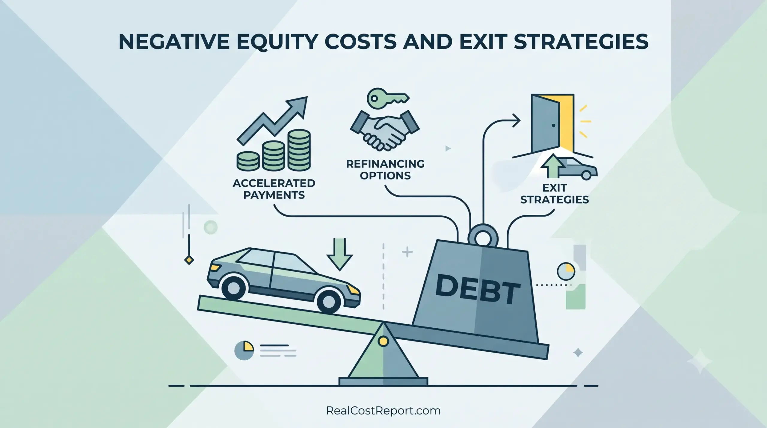 Flat vector illustration of a car weighed down by debt on a seesaw, with icons showing exit strategies.