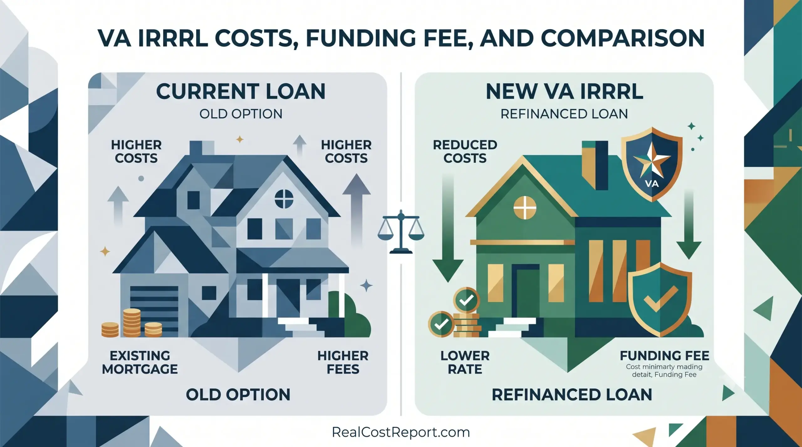 A geometric vector illustration comparing a high-cost existing mortgage with a lower-cost VA IRRRL refinance, featuring two houses and a scale.