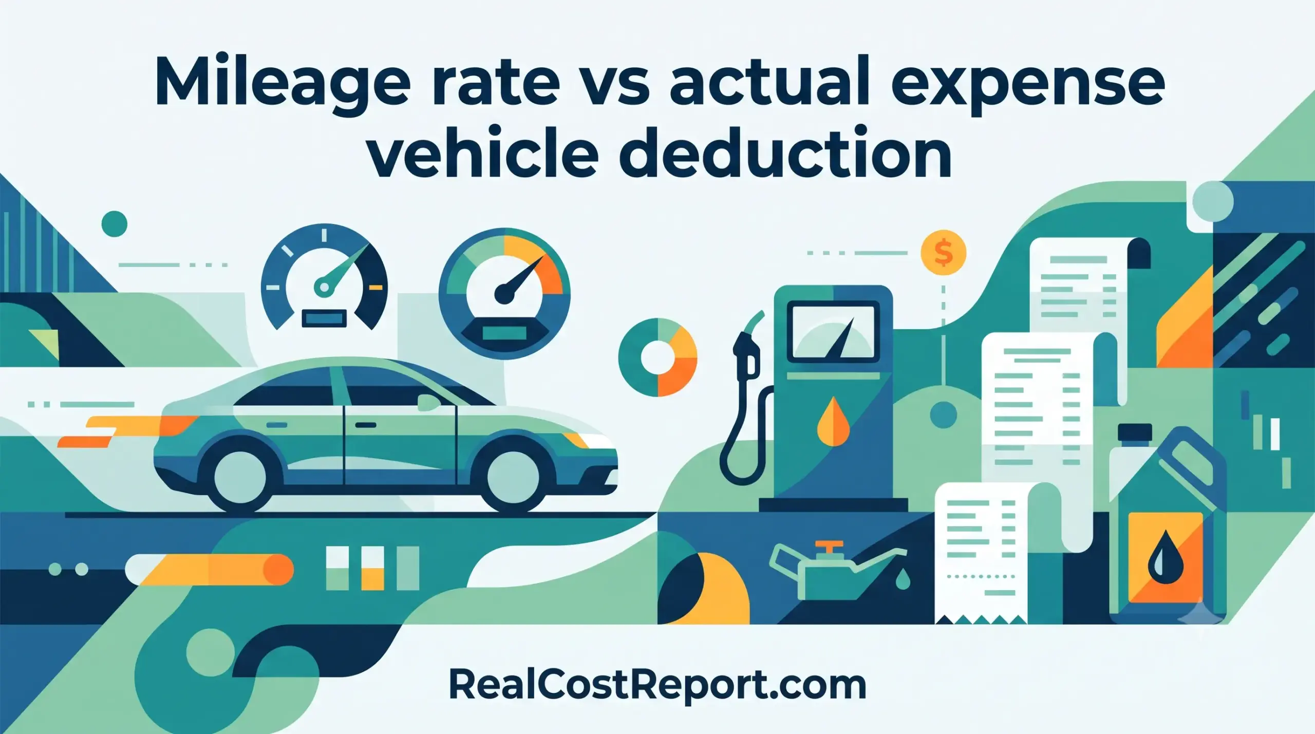 A modern vector illustration for Real Cost Report, comparing vehicle deduction methods. On the left are a car and speedometers; on the right are a gas pump, receipts, and oil. The text "Mileage rate vs actual expense vehicle deduction" is at the top, and "RealCostReport.com" is at the bottom.
