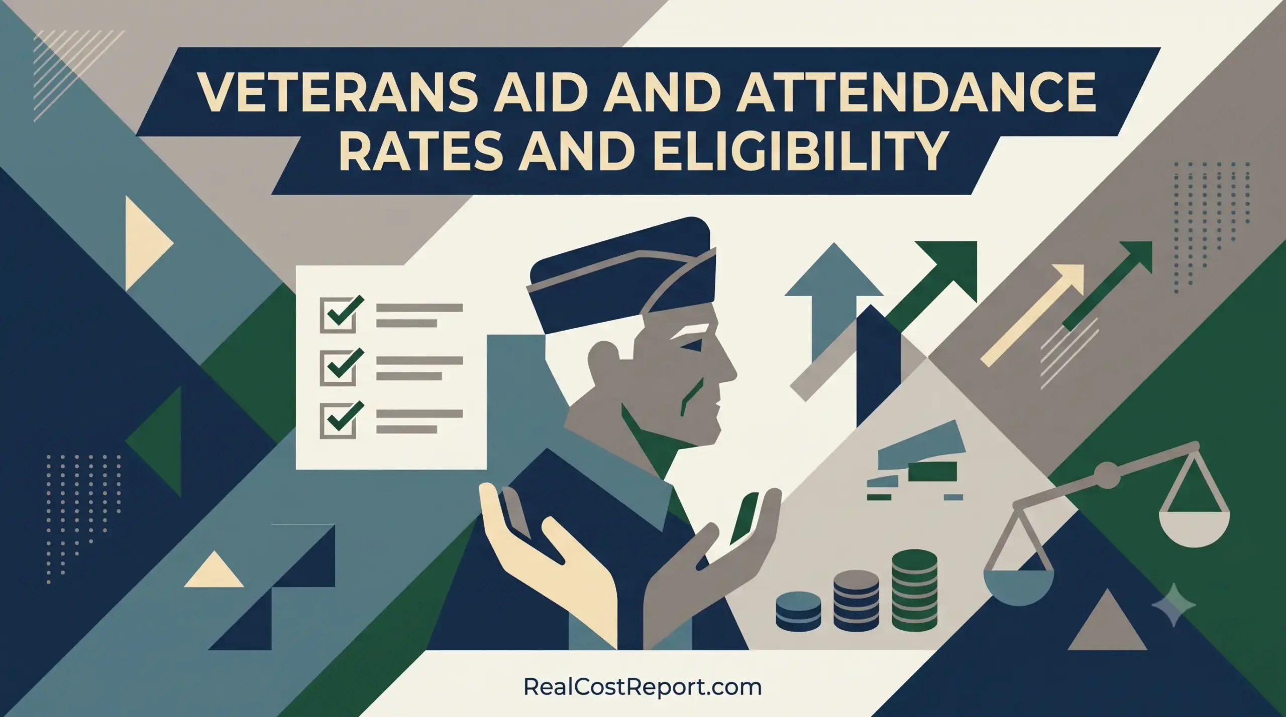 A minimalist vector graphic for Real Cost Report showing a veteran silhouette and symbols for aid, eligibility, and financial support rates.ALT TEXT: A geometric vector illustration for Real Cost Report showing a veteran, a checklist, and financial symbols representing benefits.