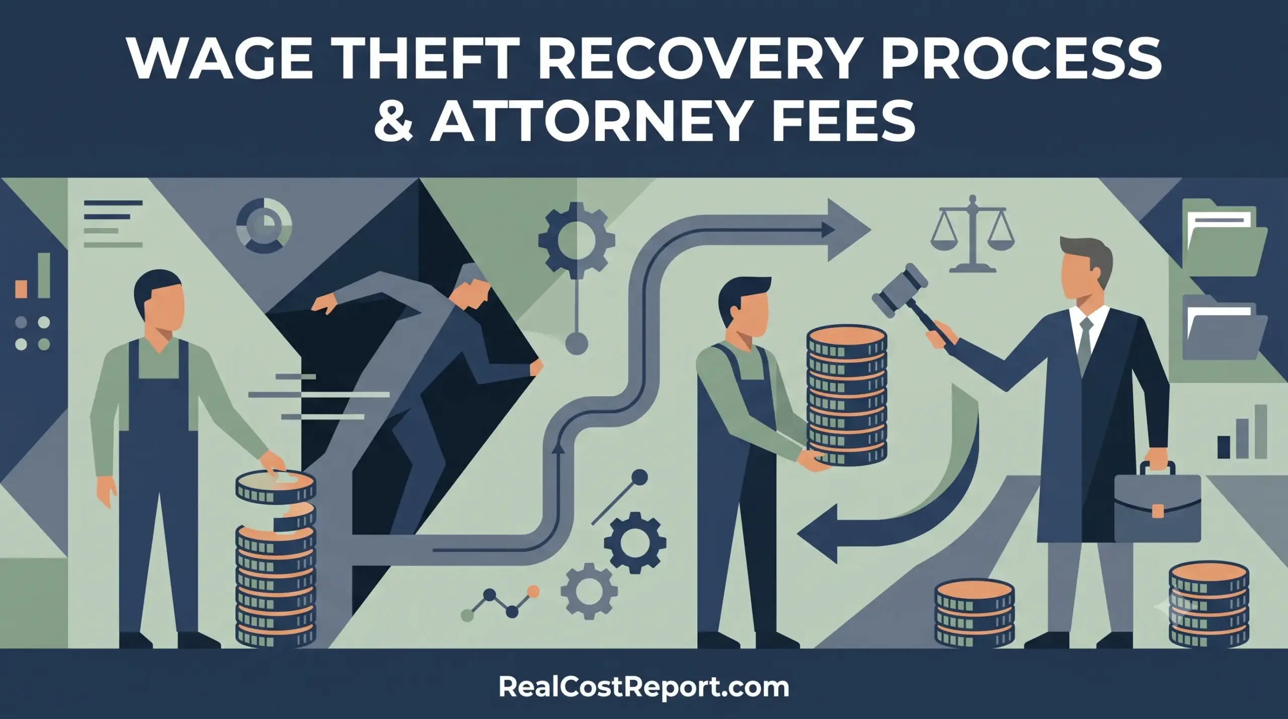 A flat geometric vector illustration showing a worker receiving coins from a lawyer, representing the wage theft recovery process.