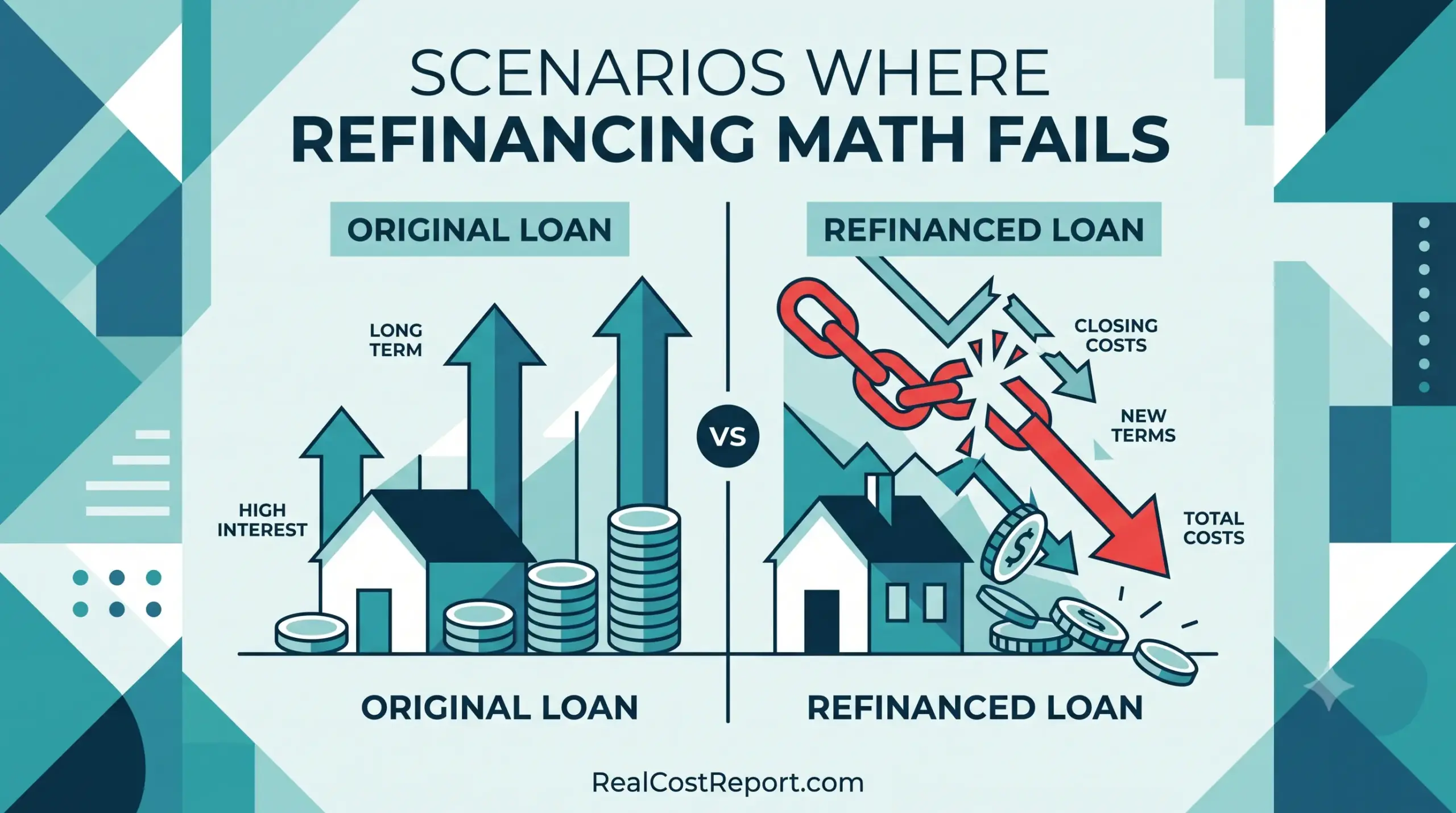 A comparison graphic titled "Scenarios where refinancing math fails," contrasting high interest with broken chains and rising costs.