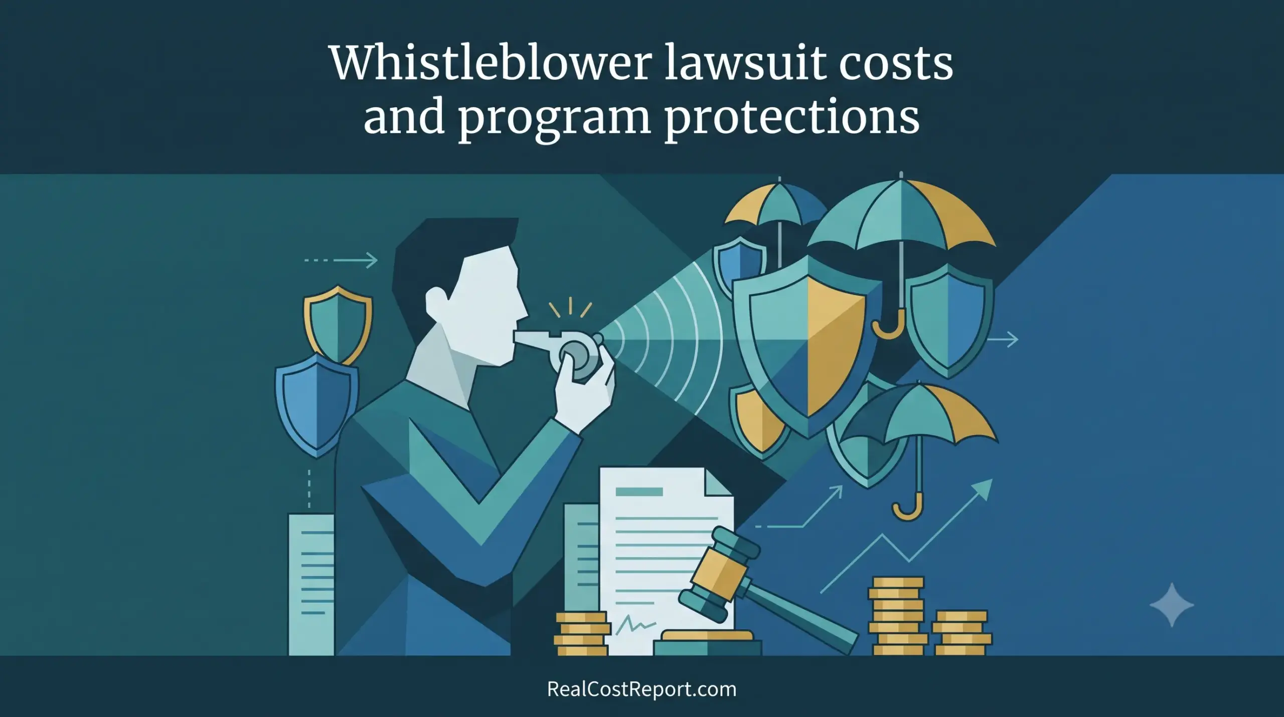 Geometric vector illustration of a person blowing a whistle next to a legal gavel, protective shields, and document stacks.